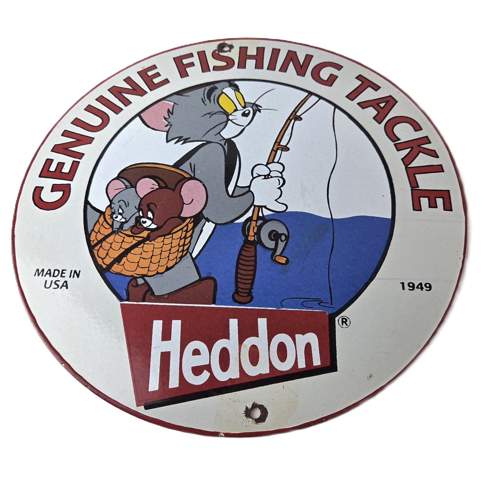 Vintage Heddon Fishing Lures Sign - Fish Tackle Lures Gas Ad Pump Porcelain Sign