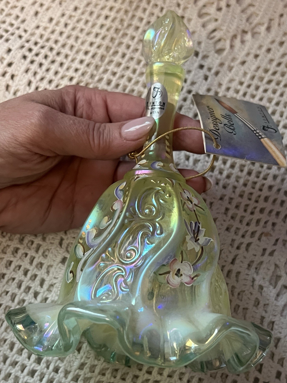 Fenton Topaz Swirl Opalescent Vaseline Bell w/ original tag #817 of 2500