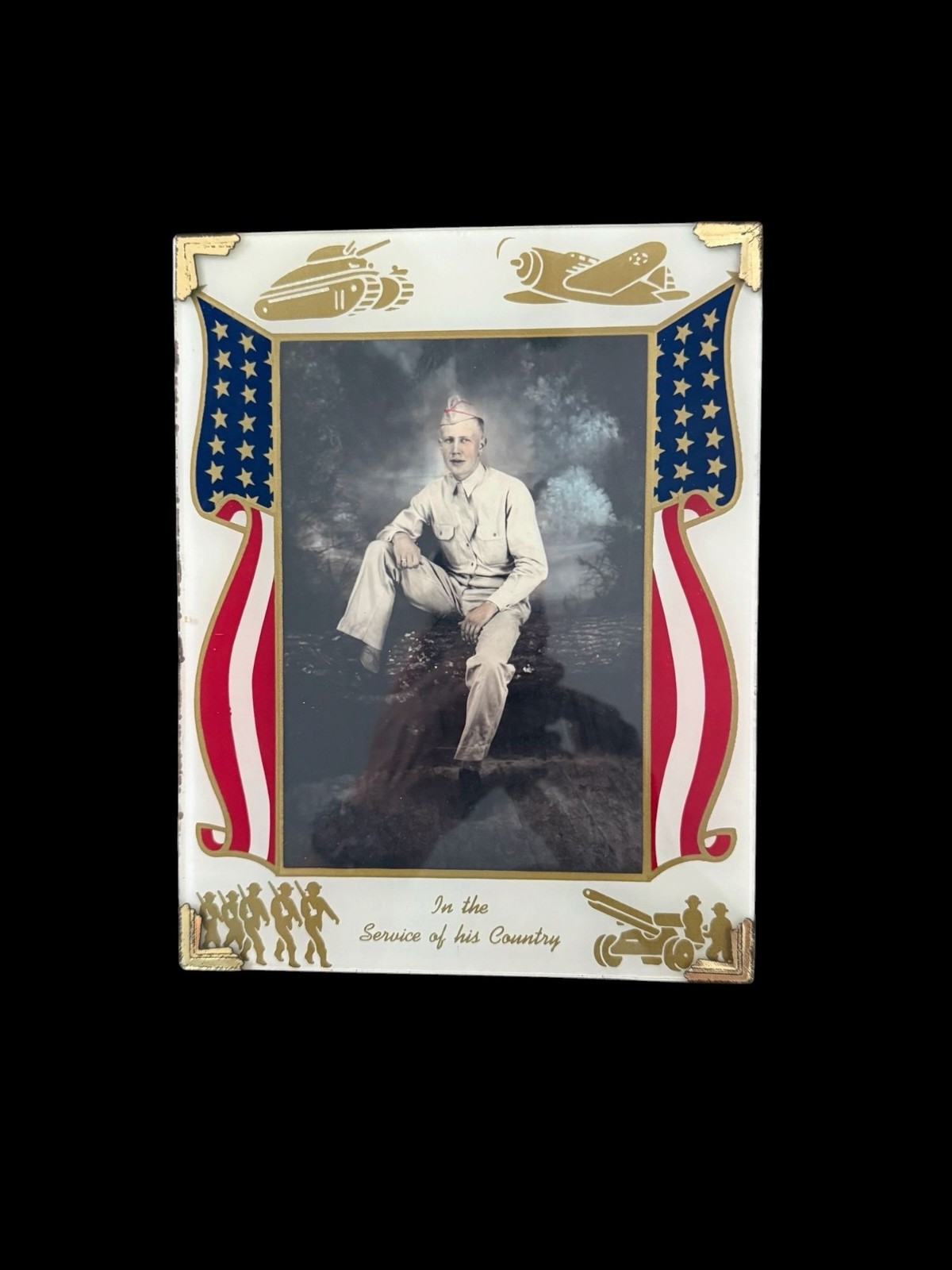 Vintage Military Patriotic WWII Photo Frame Home Front Reverse Painted Stars Str