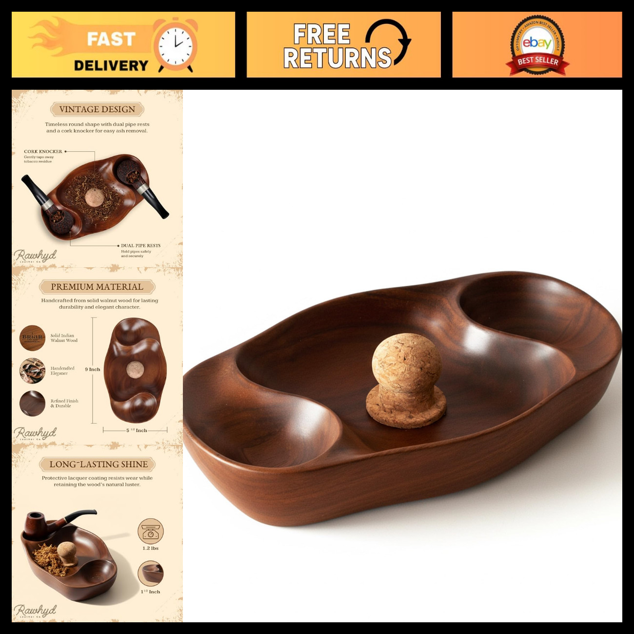 Handcrafted Walnut Tobacco Pipe Ashtray with Cork Knocker - Vintage Wooden Cigar Handcrafted Walnut Tobacco Pipe Ashtray with Cork Knocker - Vintage Wooden Cigar