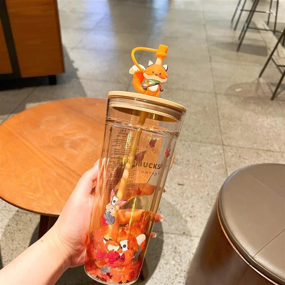 Starbucks Double Glass Autumn Fox Maple Leaf Tumbler - Straw & Dust Stopper Set