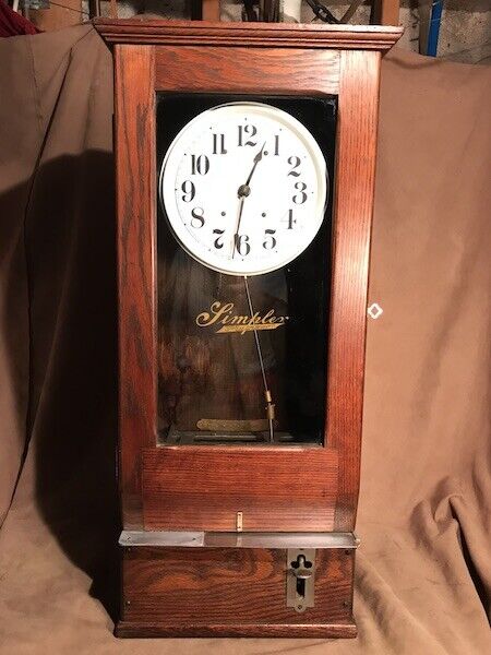 Antique Simplex time recorder oak time clock electrified no winding perfect time