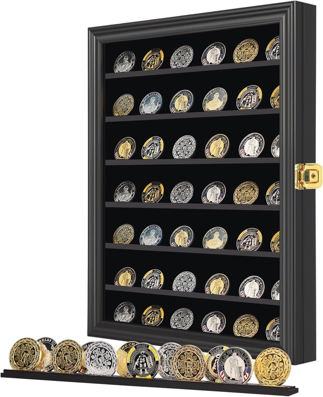 Military Challenge Coin Display Case Lockable Cabinet Rack Holder Shadow Box wit
