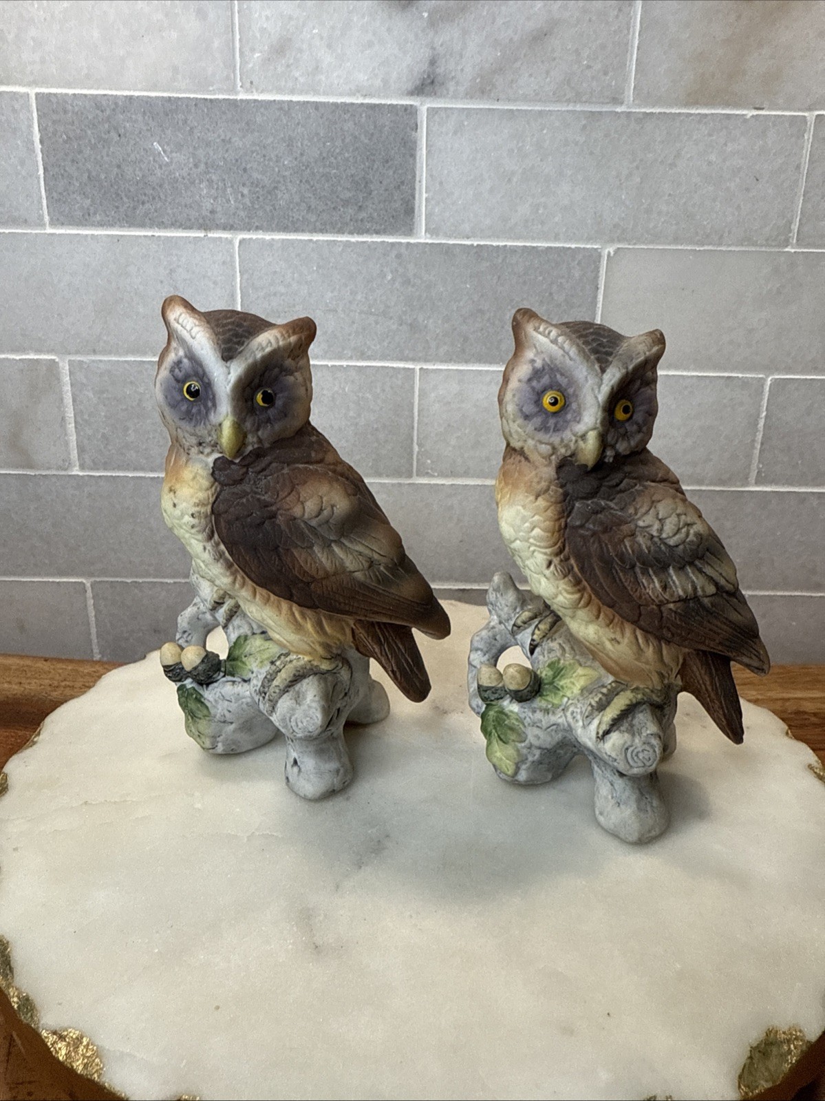 Vintage Lefton Figurine Great Horned Owl Hand Painted Set Of 2
