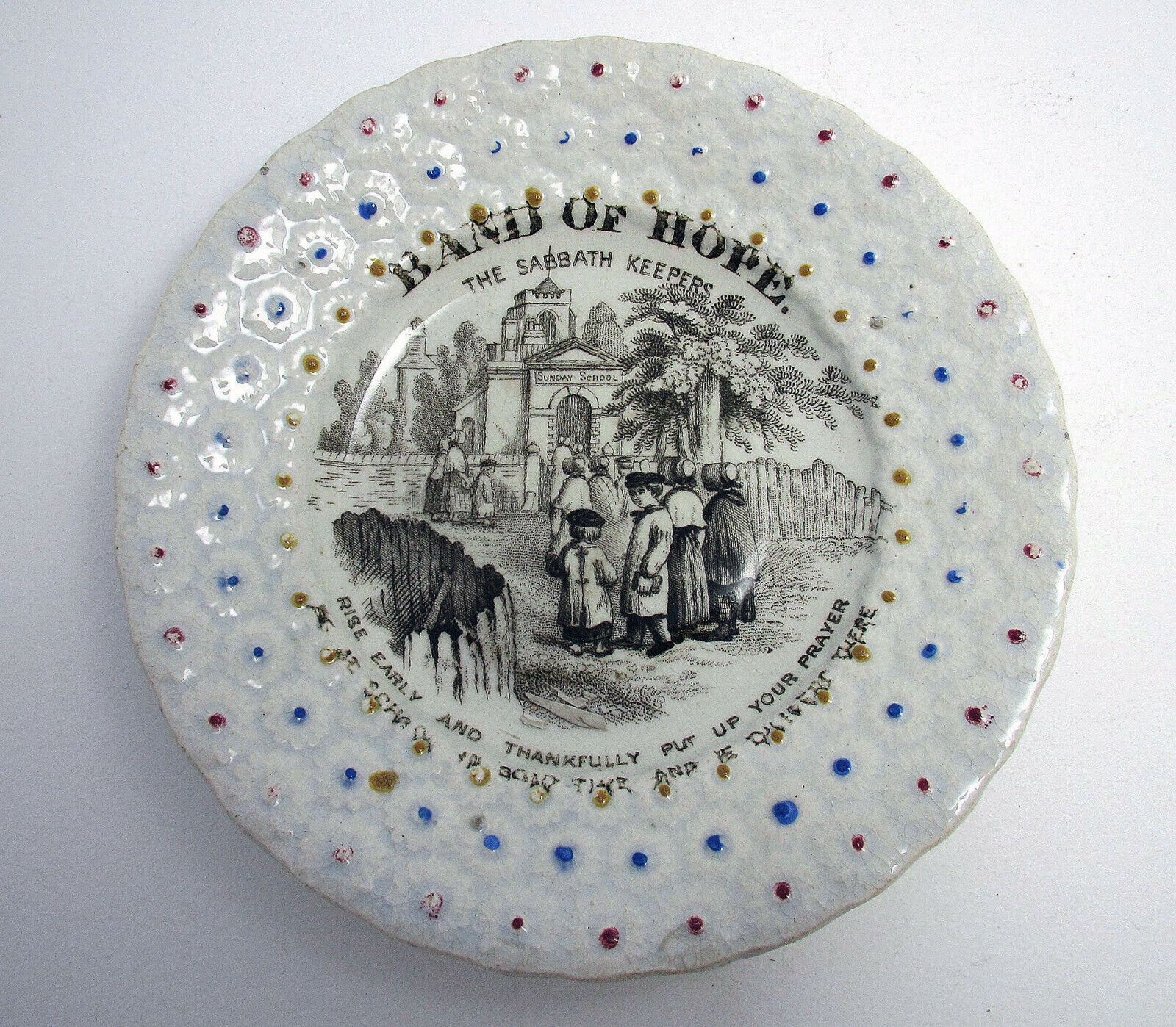 BAND OF HOPE c1850 Temperance Sabbath Ceramic Childs Plate Staffordshire Pottery