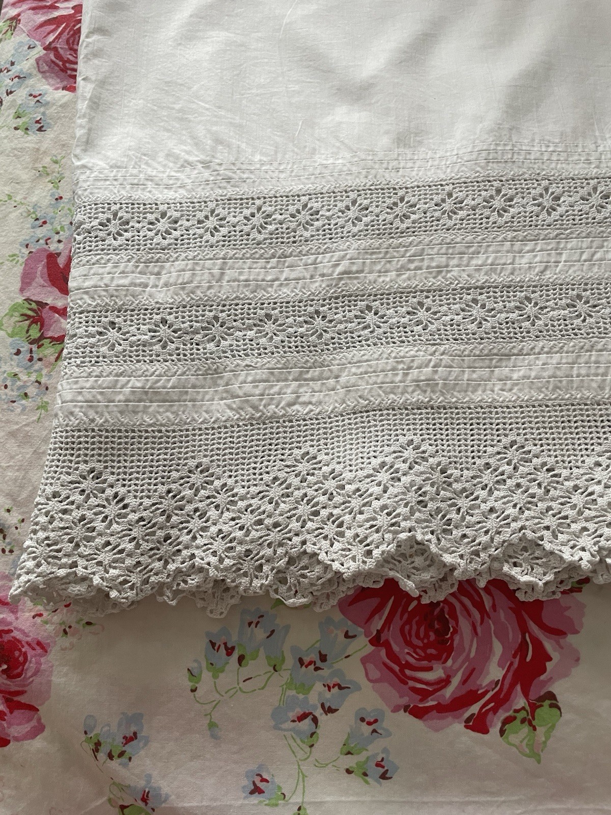 Antique French Handmade Lace /Linen Remnant 9ft Long 15” Deep With 8” X9ft Lace
