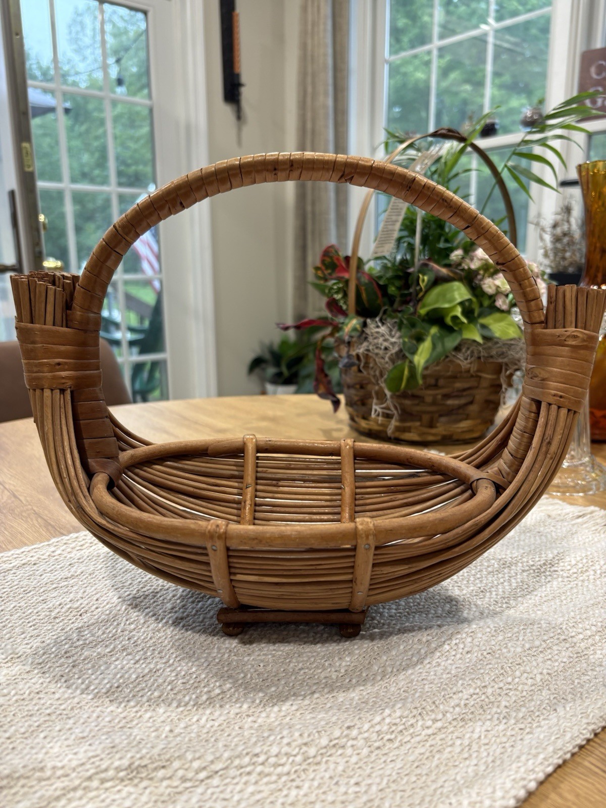 Vintage MCM Bamboo Rattan Boat Basket Footed Gondola Fruit Caddy Handle 12x10