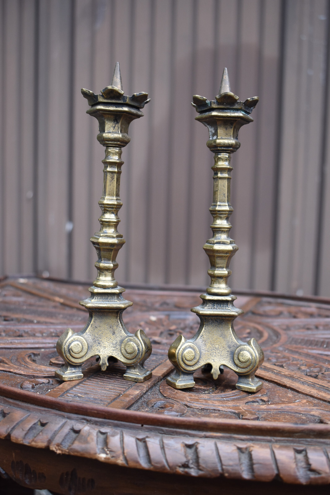 pair small bronze religious candlesticks candle holders Set