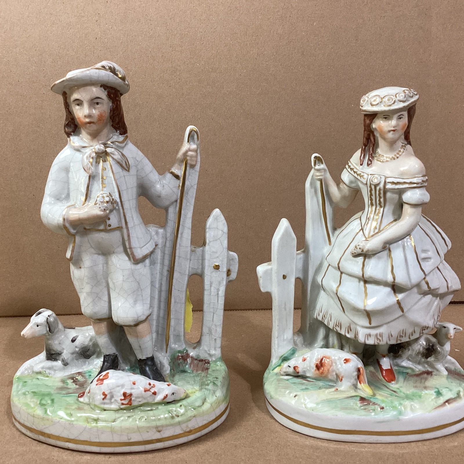 Pair Of Antique 1880s English Staffordshire Courting Couple On Fence Sheep  GOAT