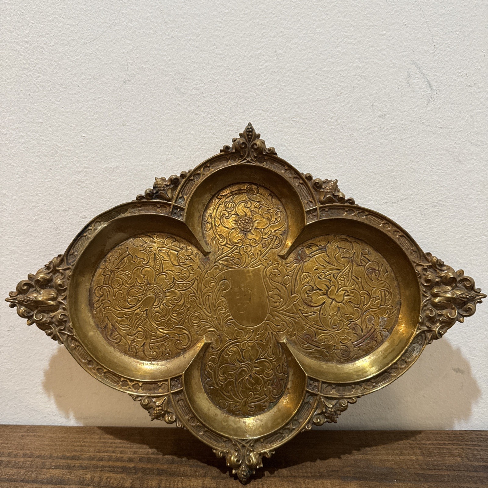 Antique Victorian Ornate Brass Quatrefoil Tray Floral Embossed Gothic Revival