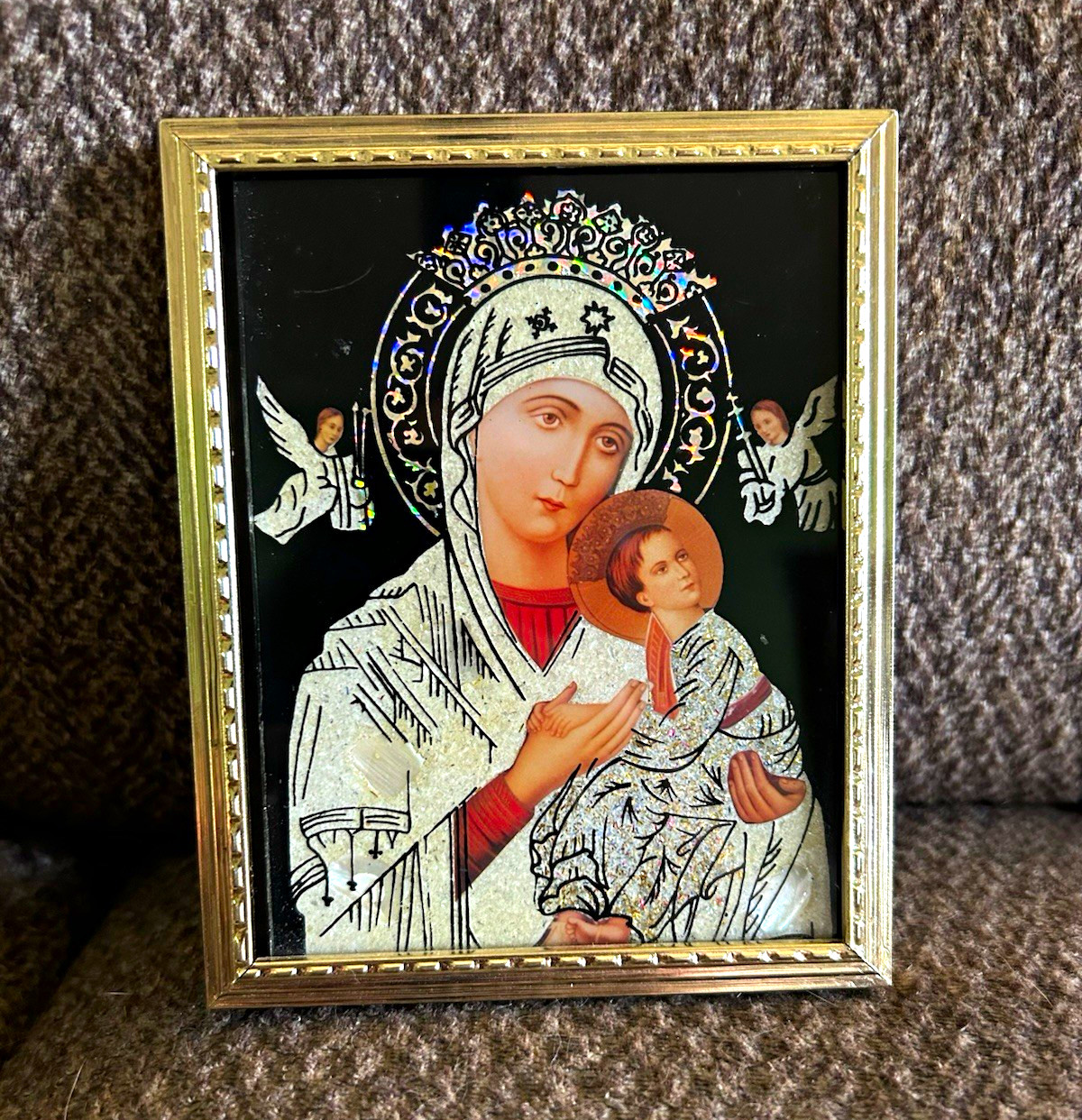 Framed Virgin Mary & Jesus Christian Icon Devotional Image with Angels