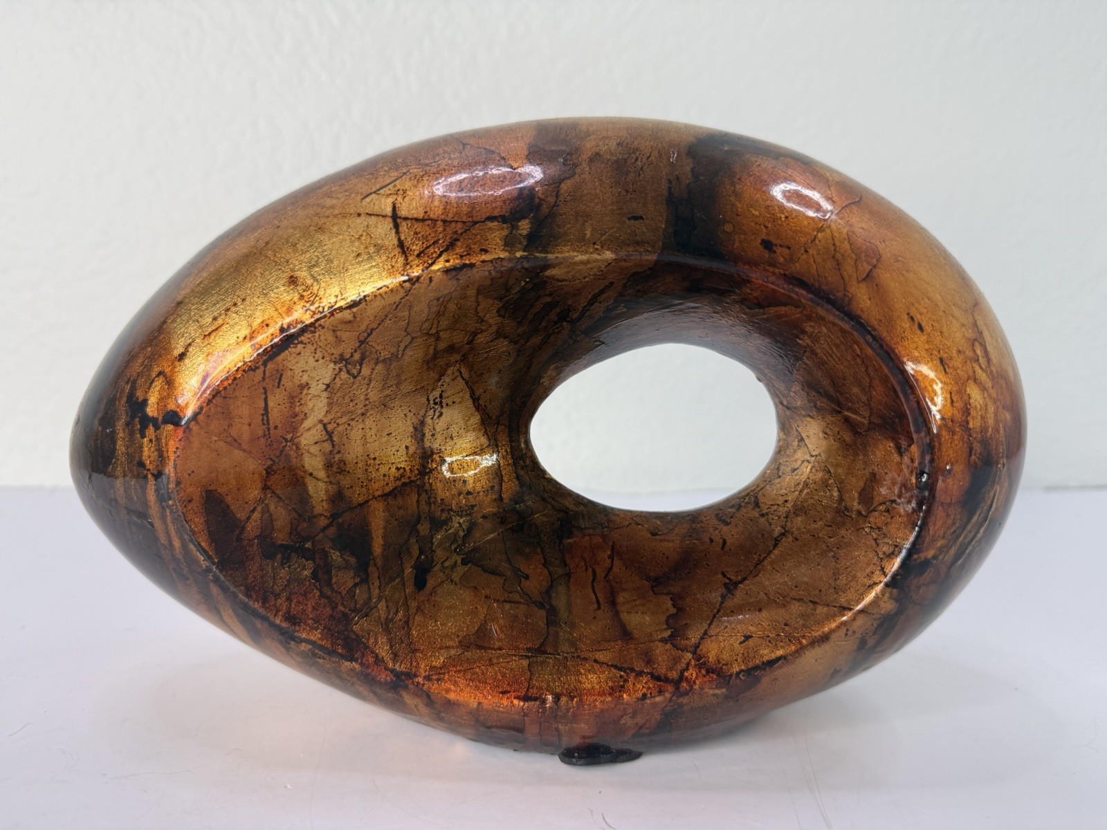 Modern Art Ceramic Ring Sculpture 10x6.5”Amber Crackle Glaze Metallic Gold Leaf