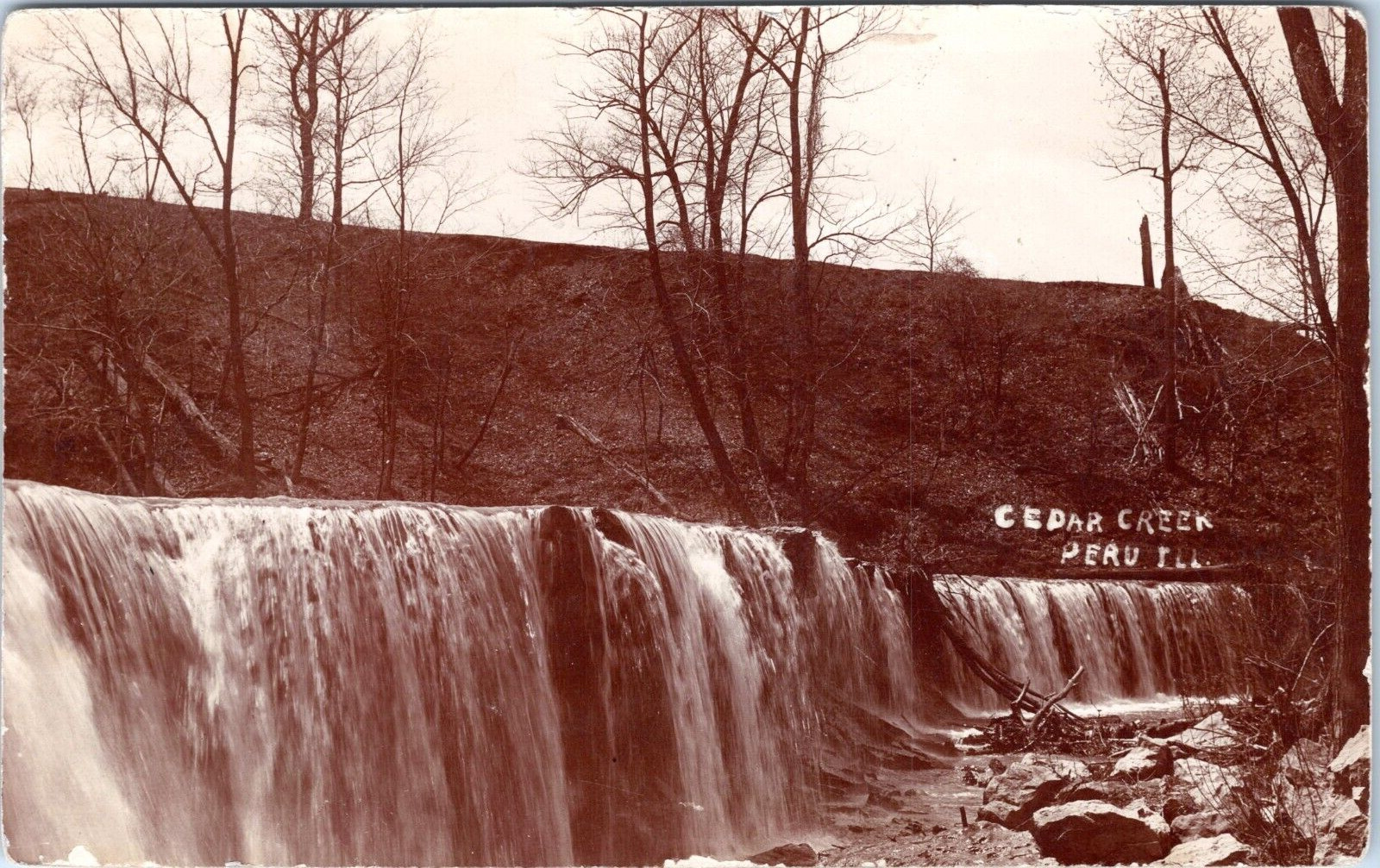 RPPC Waterfalls, Cedar Creek, Peru Illinois - 1909 Photo Postcard - Posted