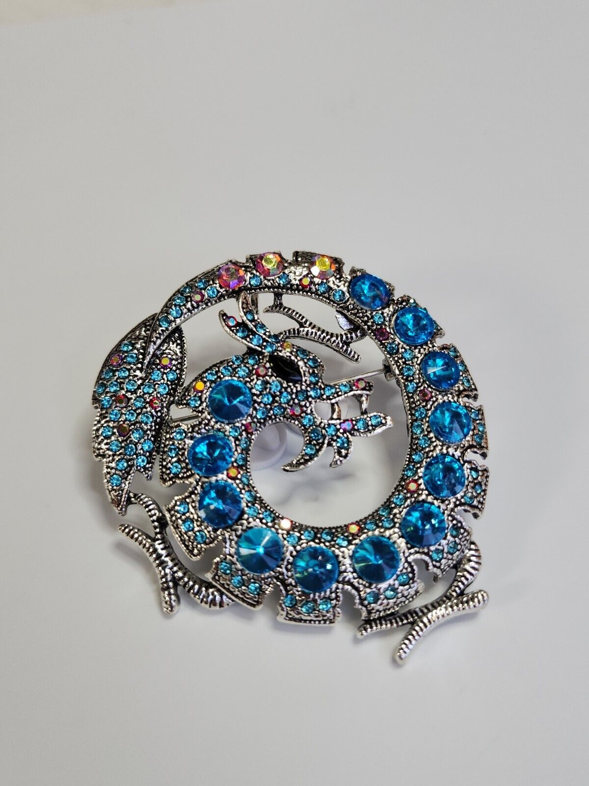 Dragon Brooch Pin Pendant Circle Encrusted Faceted Faux Gems Crystals Sparkly