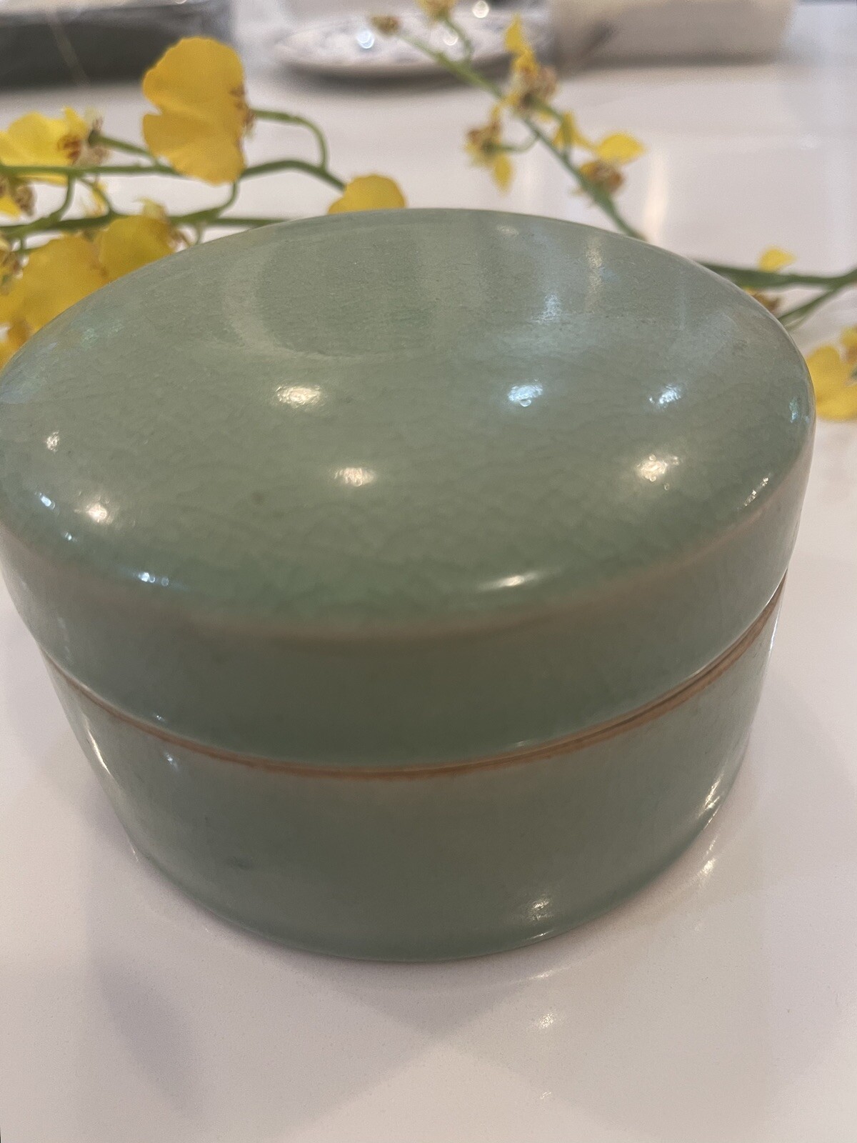 Baan Celadon Green Ceramic Glazed Round Jewelry Jar With Lid Baan Celadon Green Ceramic Glazed Round Jewelry Jar With Lid