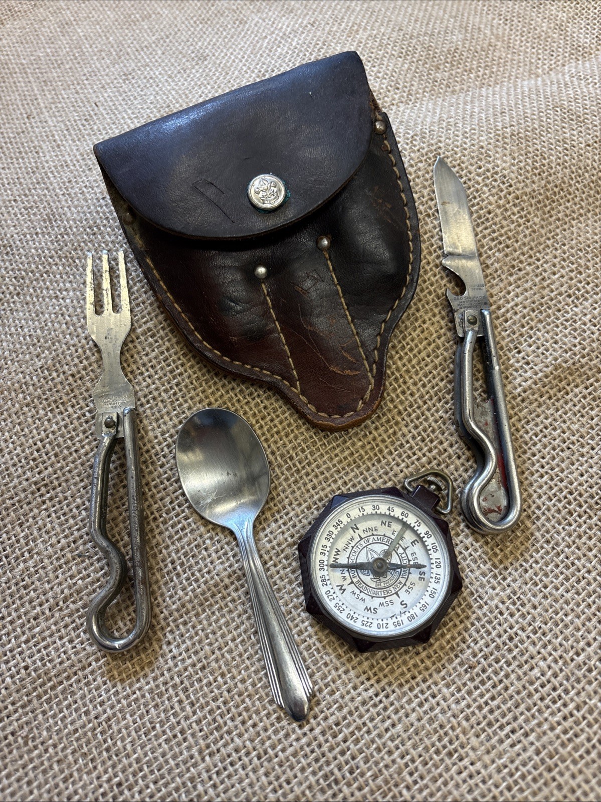 Vintage Boy Scouts of America Mess Kit, Leather Pouch, Schrade Knife & Compass
