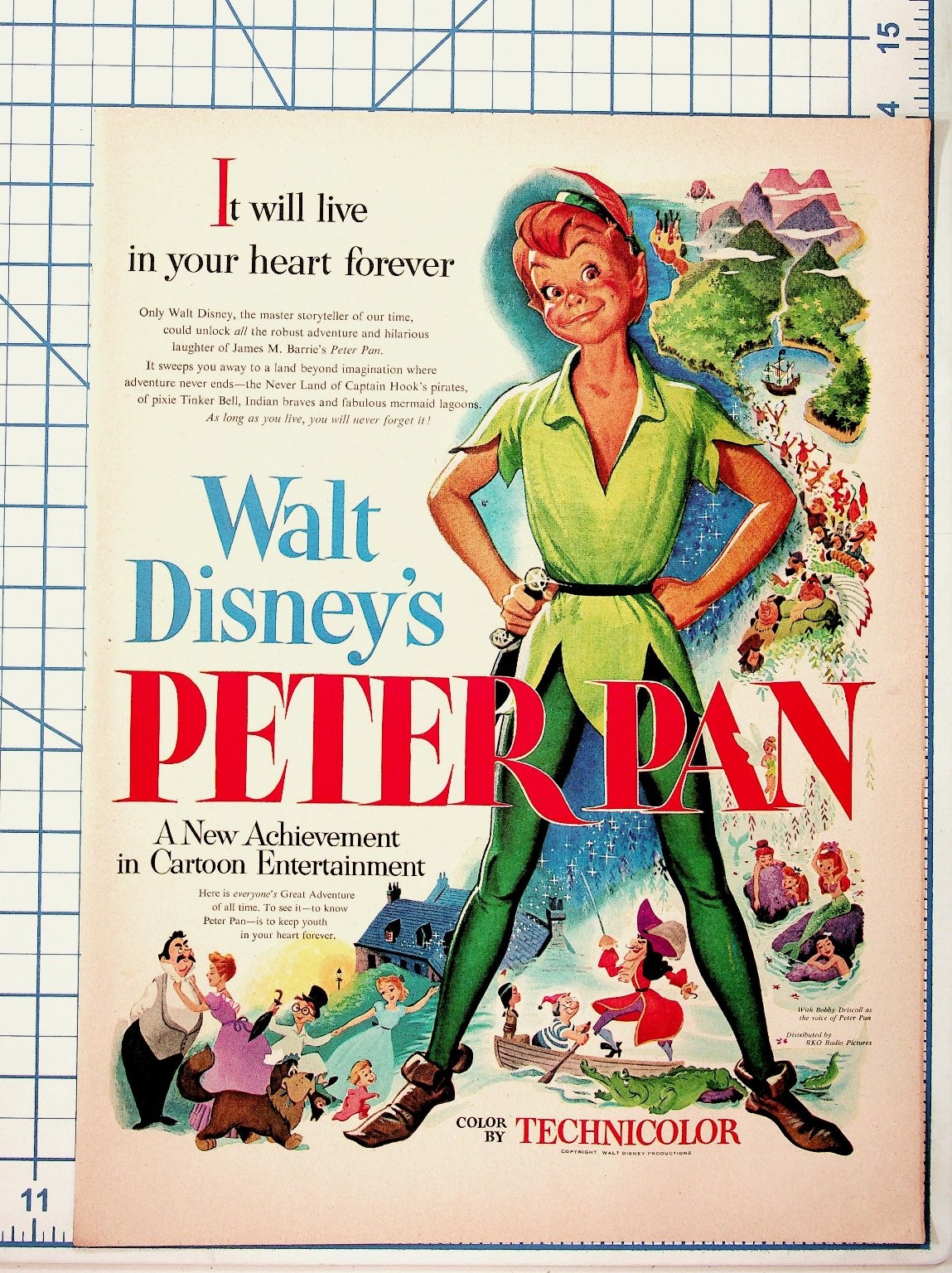 1953 Walt Disney's Peter Pan Movie Film Ad Vintage Original Technicolor Art 1953 Walt Disney's Peter Pan Movie Film Ad Vintage Original Technicolor Art