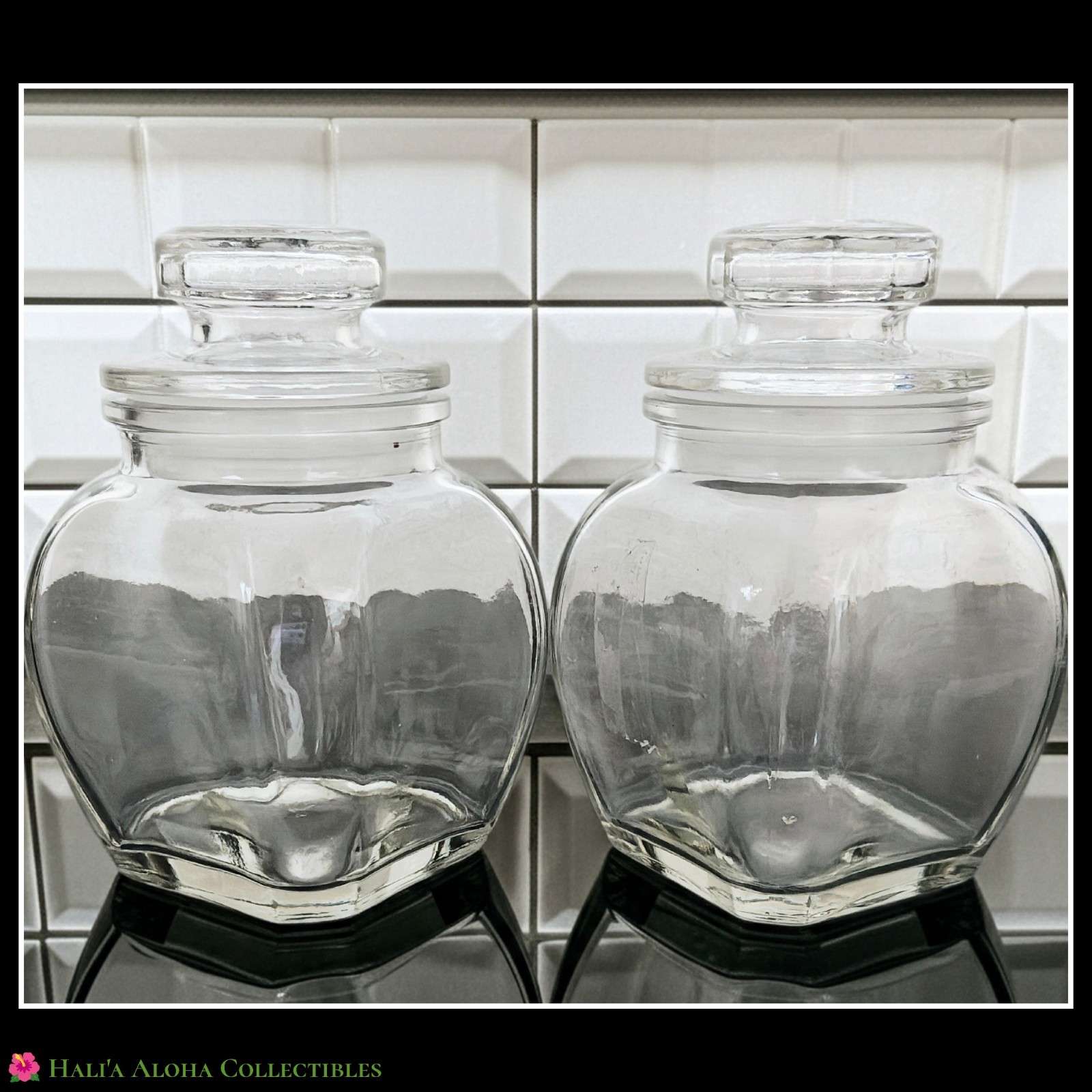 VINTAGE KIG Indonesia Clear Glass Apothecary Jar Set Lid Square Canister Vanity