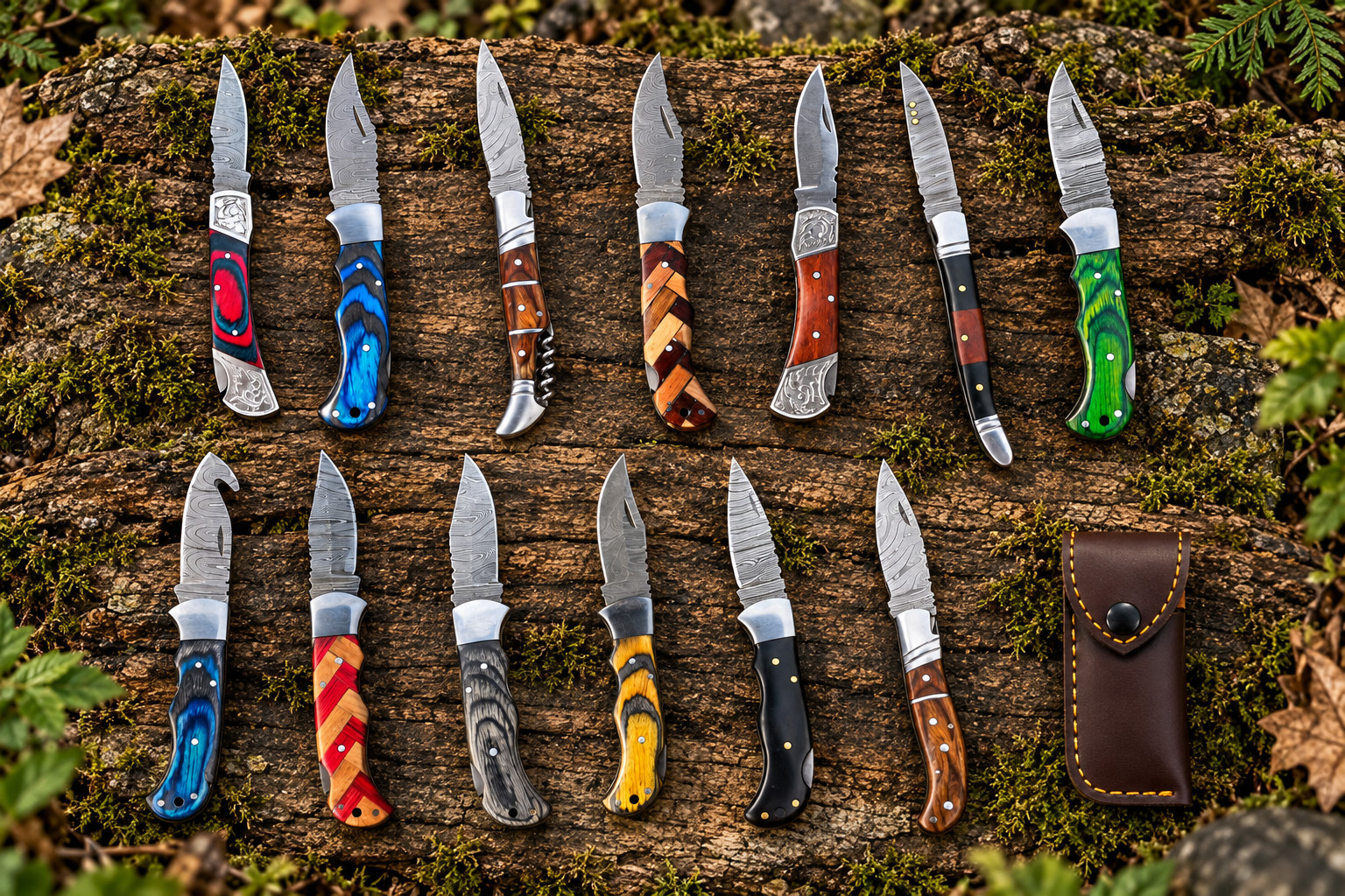 Handmade Damascus Folding Knife Lot of 13 | Assorted Wood Handles Leather Sheat Handmade Damascus Folding Knife Lot of 13 | Assorted Wood Handles Leather Sheat