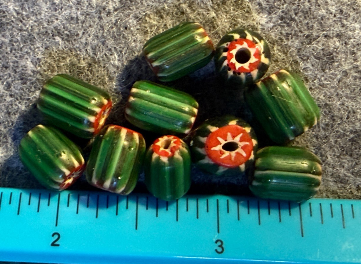 10 Original Chevron Glass Trade Beads Huron Indians Green Red White Layers 1800s