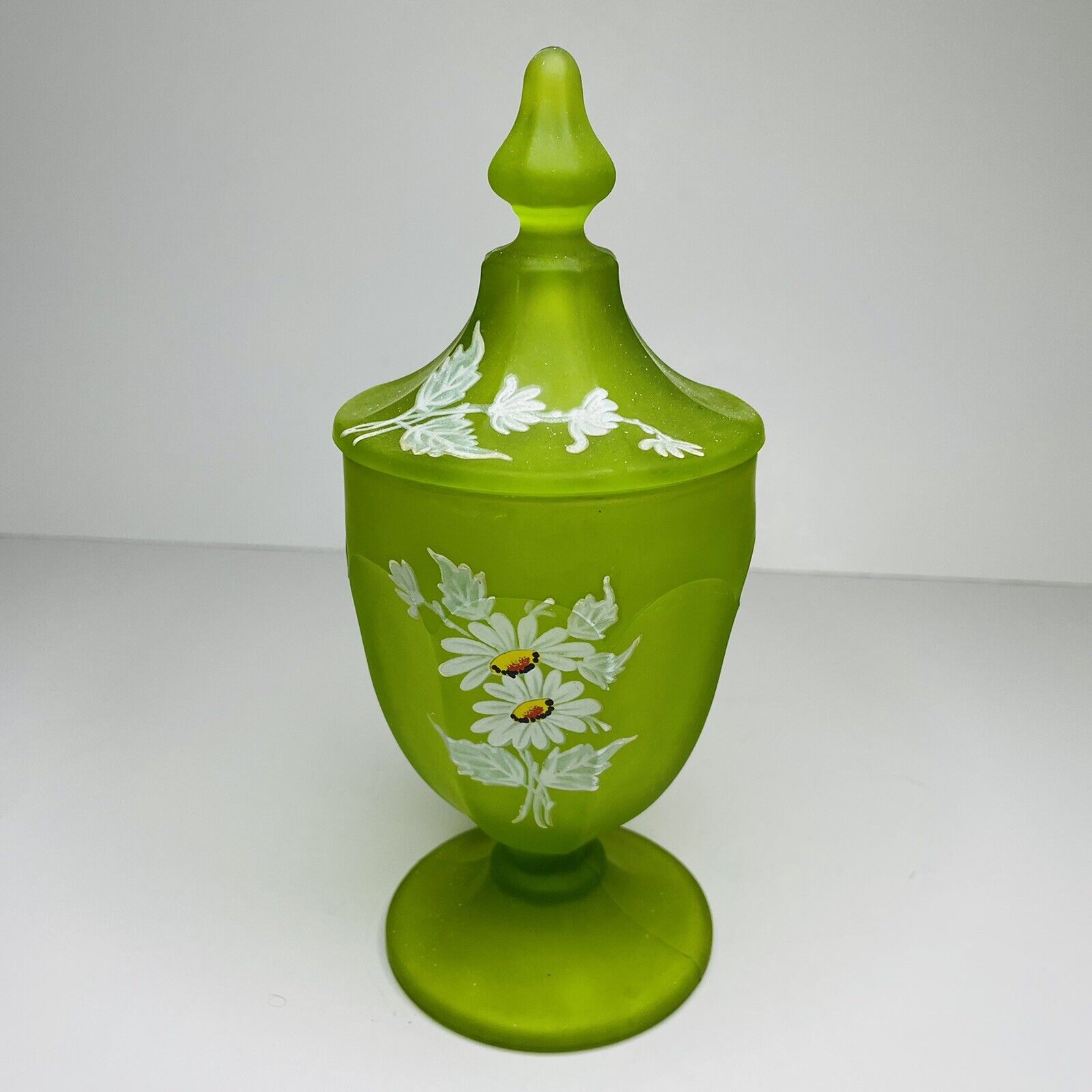 Vintage Westmoreland Apothecary Jar W/ Lid Hand Painted Lime Green Satin Glass