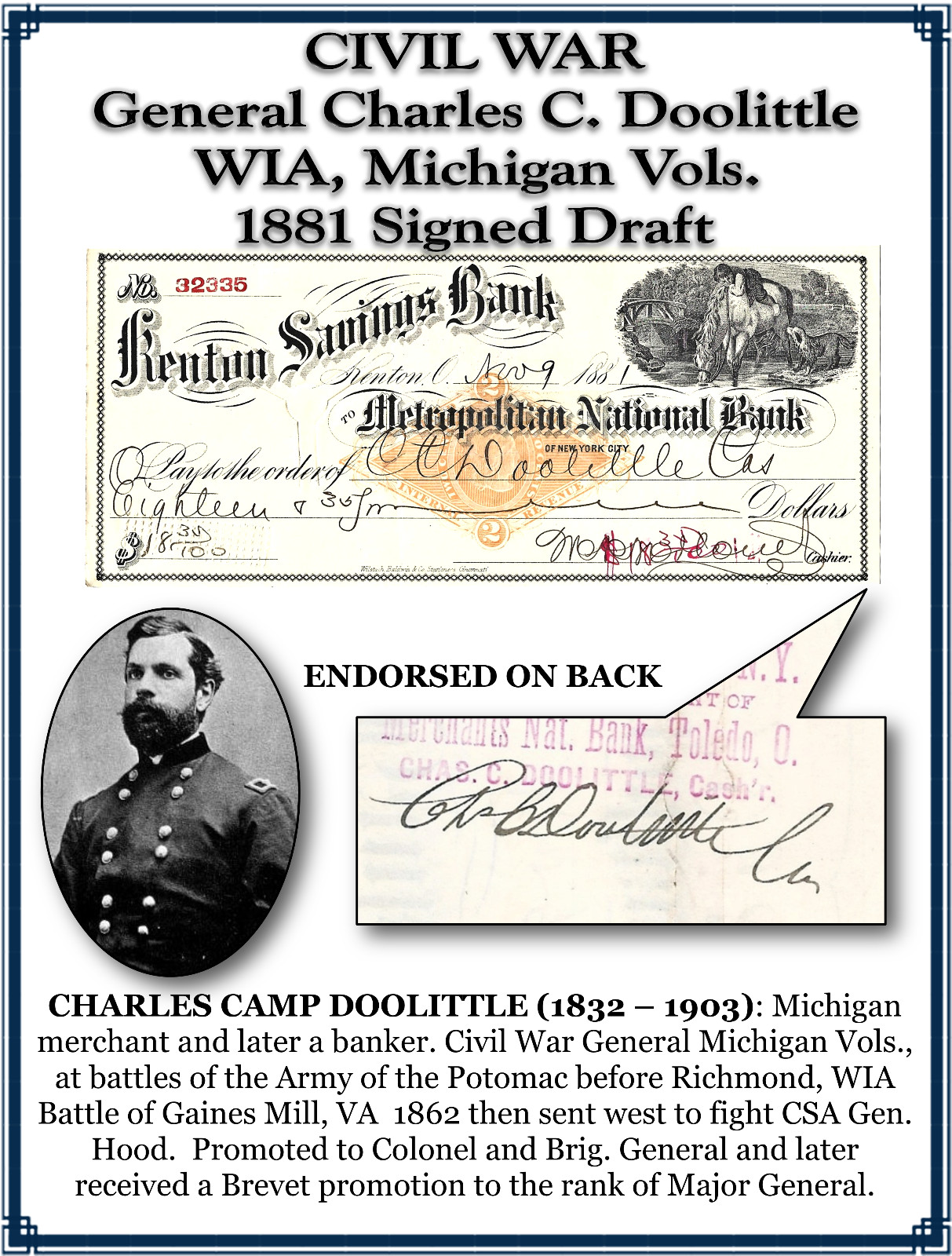 CIVIL WAR General Charles C. Doolittle, WIA, Michigan Vols., Signed Doc. CIVIL WAR General Charles C. Doolittle, WIA, Michigan Vols., Signed Doc.