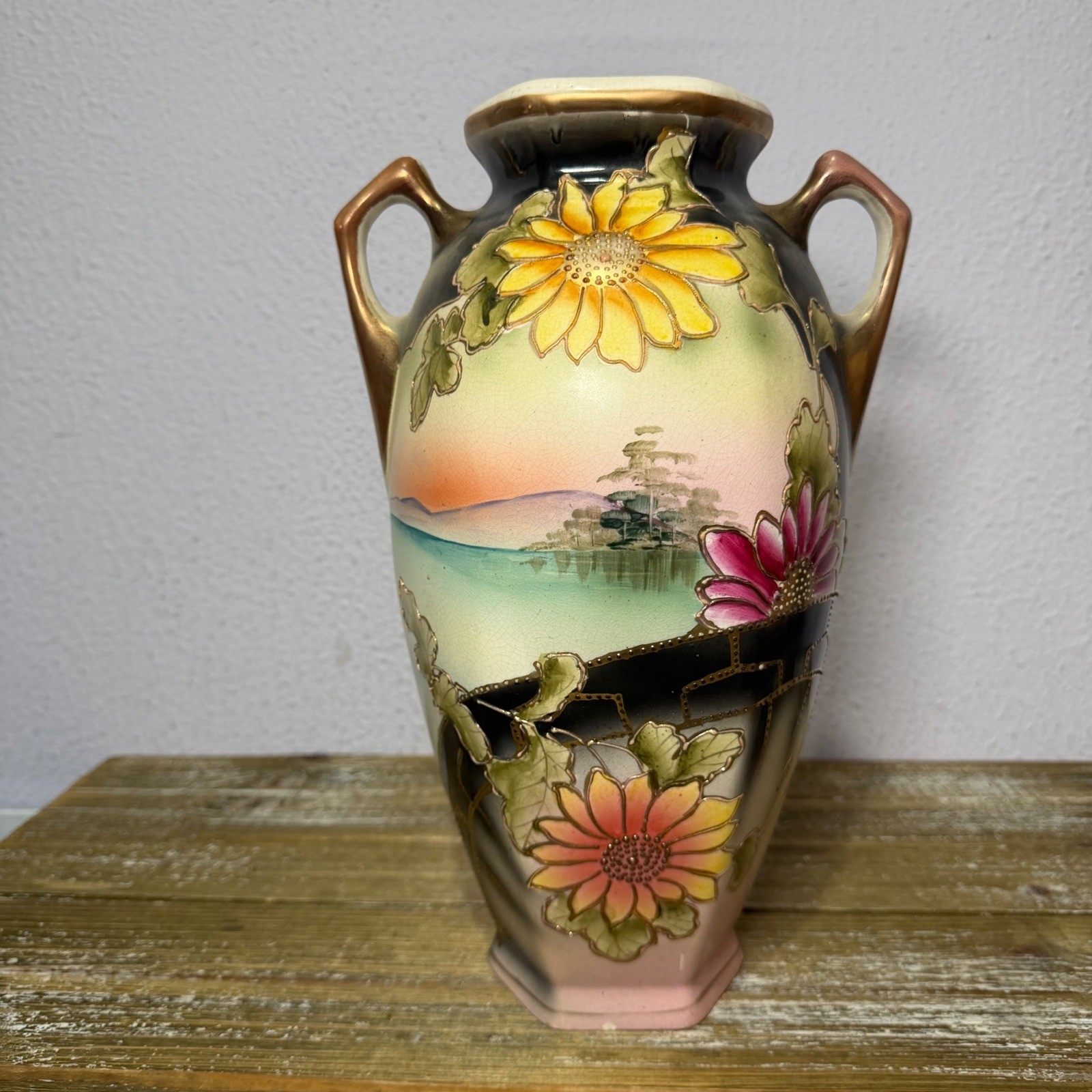 Antique Japanese Moriage Nippon Porcelain Vase Painted Floral Landscape 12.5