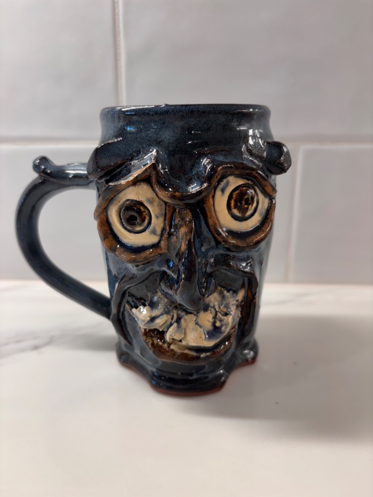 Signed Studio Pottery Folk Art Coffee Mug Ugly Face Jug Handmade Stoneware