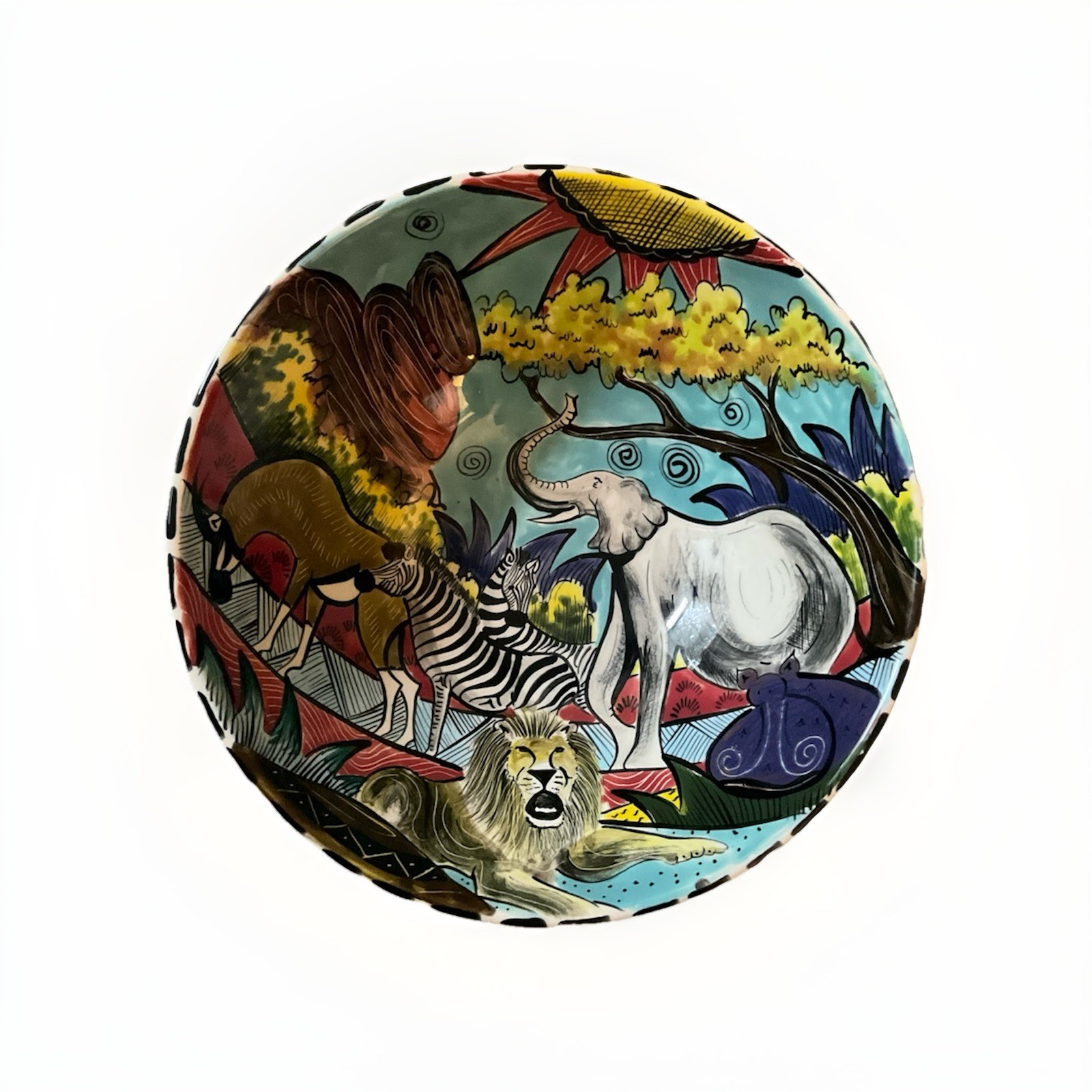Penzo Zimbabwe 2003 Hand Painted Safari Wildlife Bowl Elephant Lion Zebra 7.5”