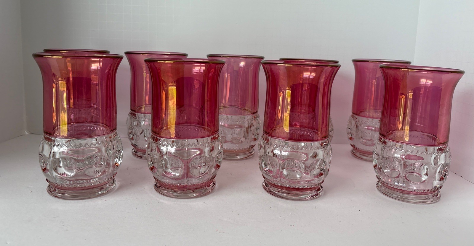 Tiffin-Franciscan Tumblers King's Crown-Cranberry Flashed Set- 9 Vintage 1960s
