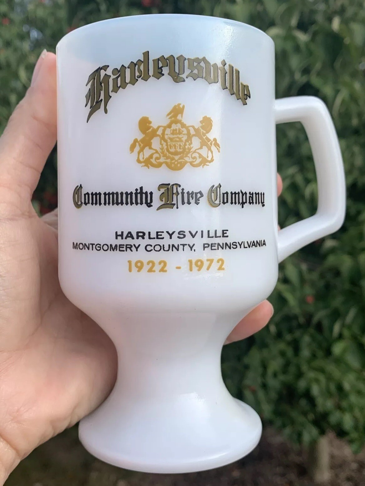 Harleysville, PA Community Fire Co Milk Glass Footed Mug 1972 Anniversary MontCo