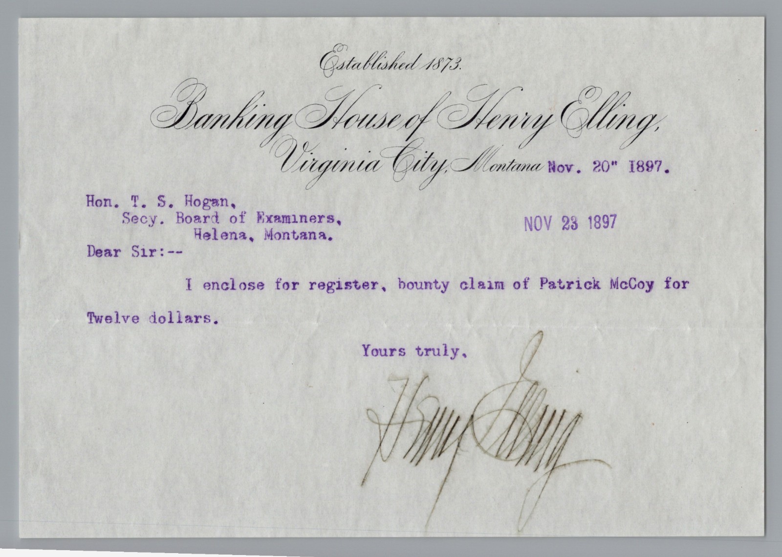 1887 Henry Elling bank House Letter Bounty Claim. Hand Signed by Elling