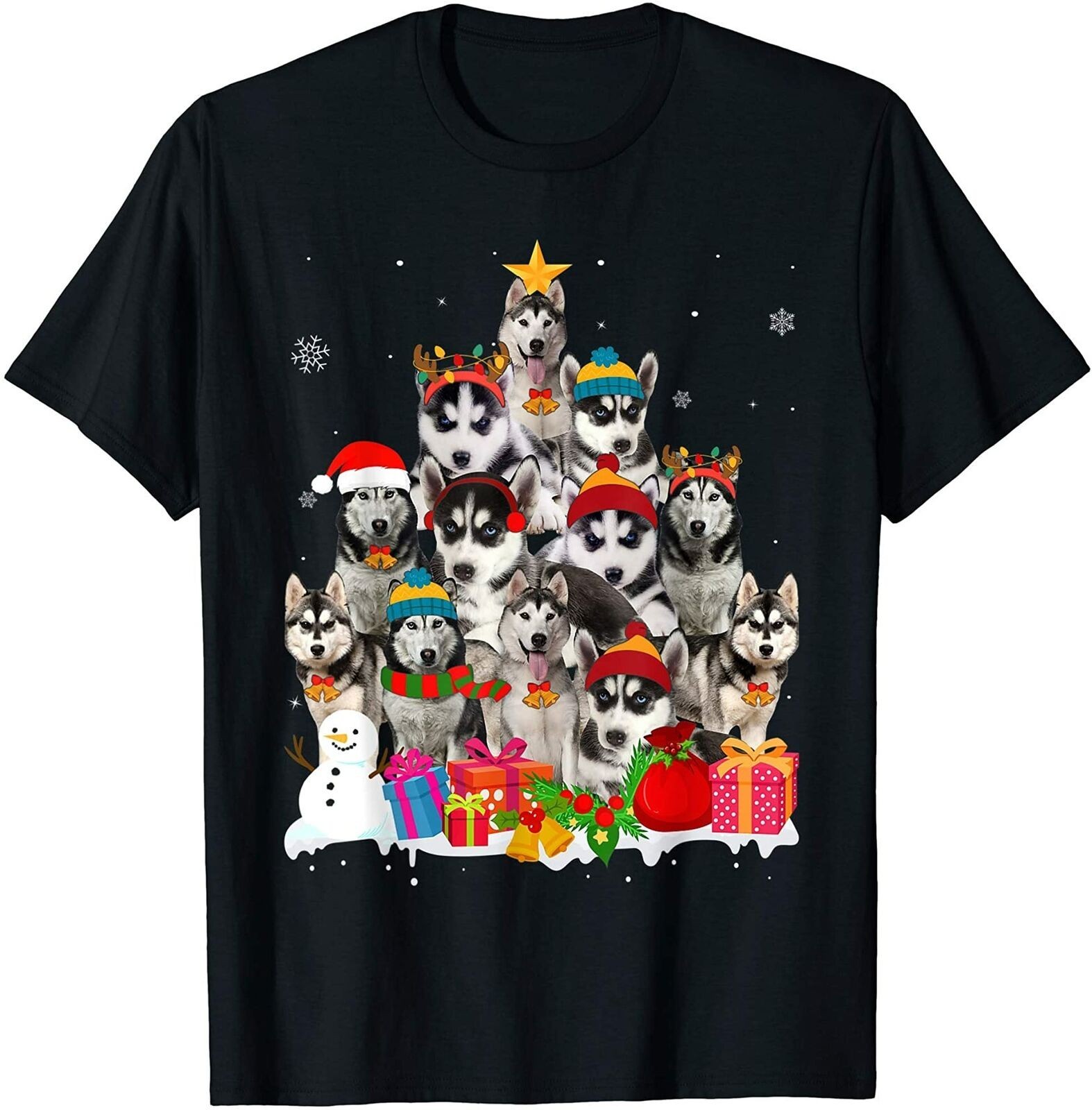Funny Siberian Husky Christmas Tree Pet Dog Lover Gift Black S-234XL Shirt F596