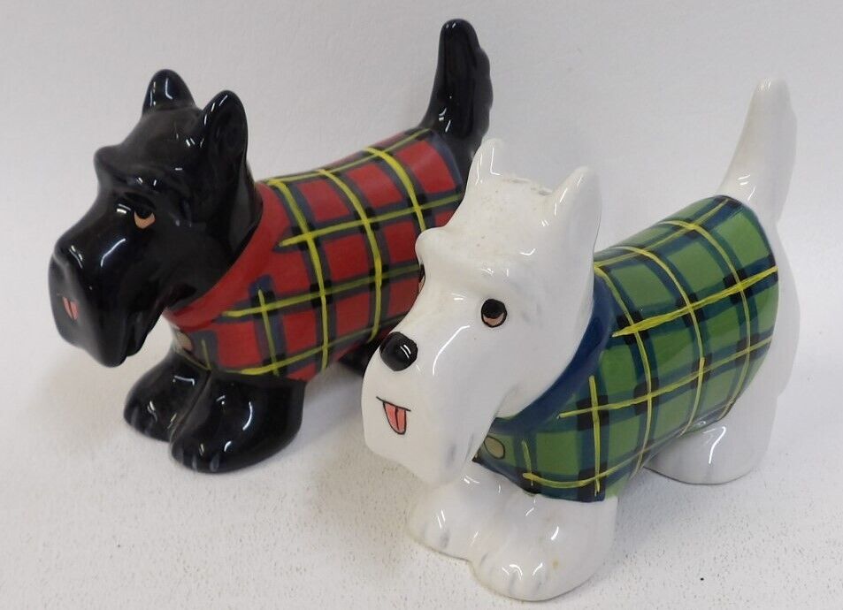 Vintage Clay Art Scottie Dogs Wearing Plaid Coats Salt Pepper Shakers