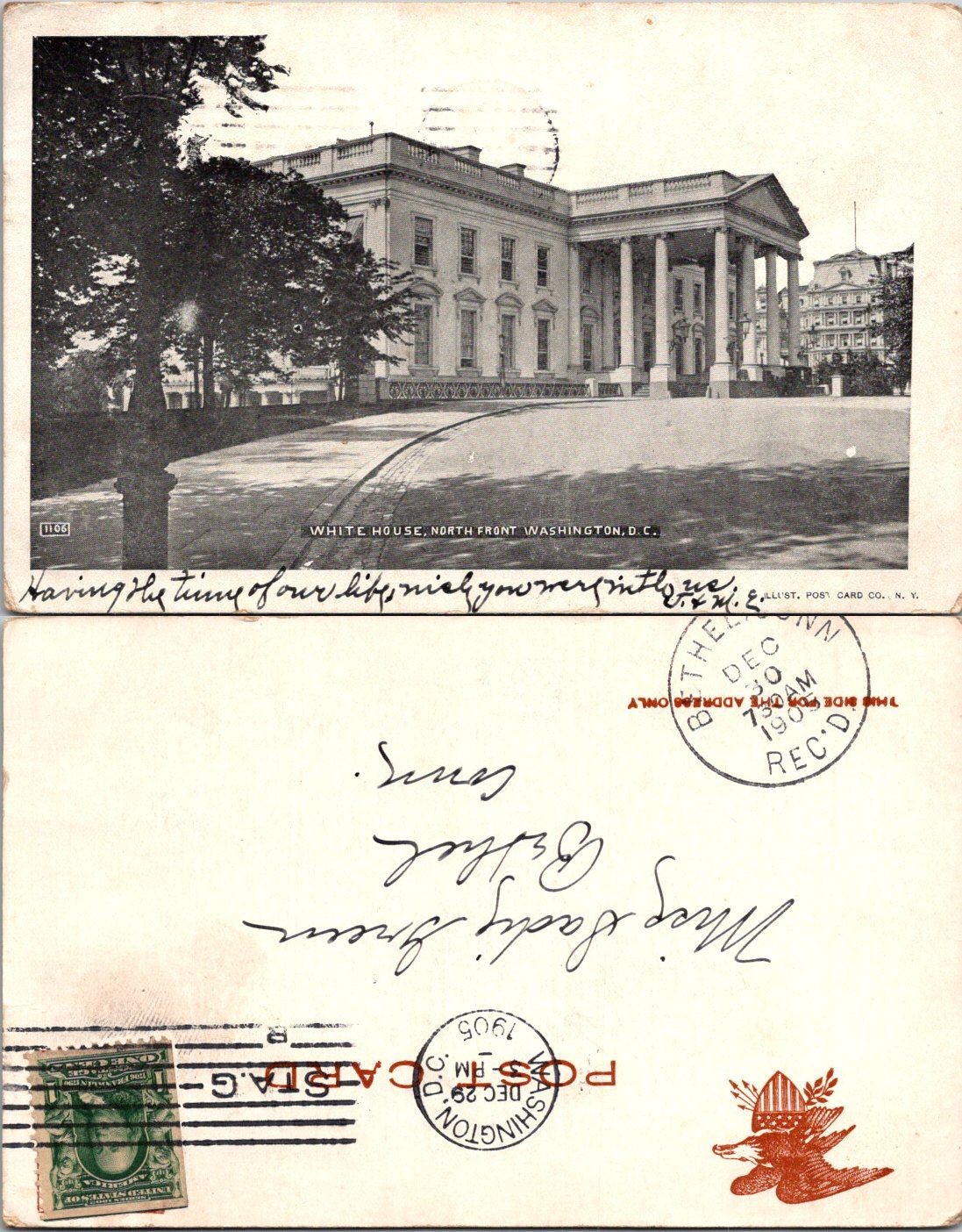 White House North Front Washington DC Vintage Postcard 1905 Postmark Stamped