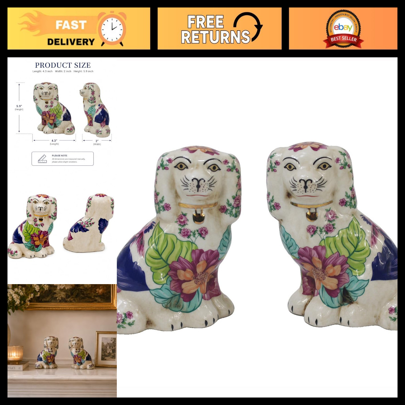 Handmade Vintage Dog Figurine Set of 2 - Porcelain Animal Statues for Home Decor