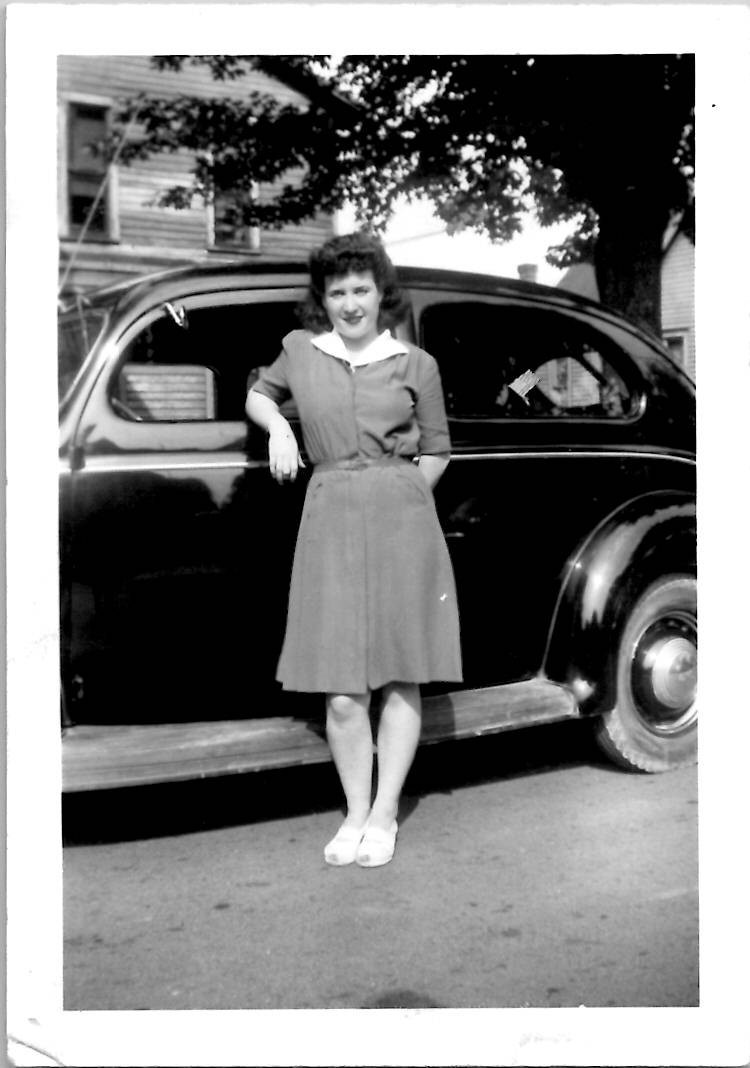 Sexy Leggy Hot Woman Leaning on Car Snapshot Americana Risqué 1942 Vintage Photo