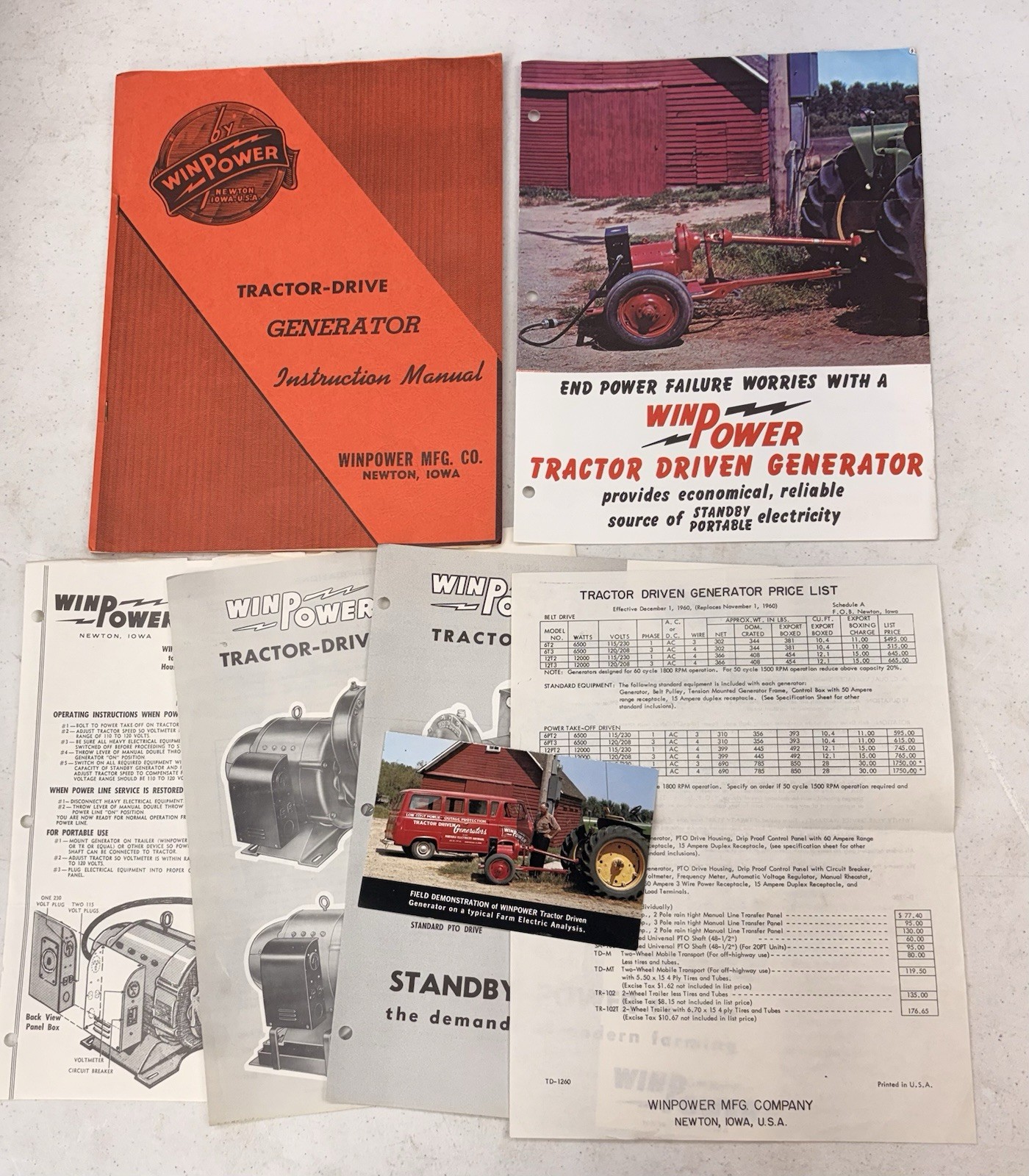 Vintage 1960's WinPower Tractor Driven Generator Manual & Brochure, Newton Iowa