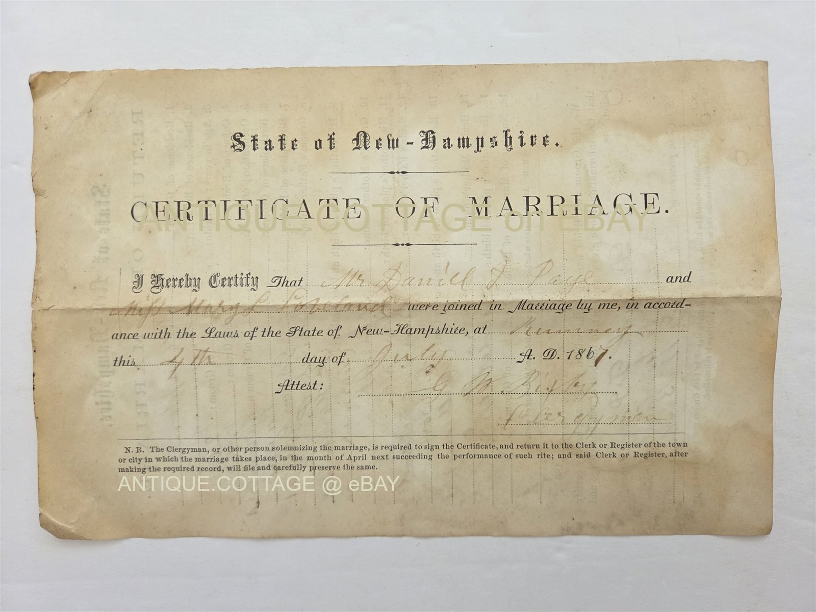 1867 antique MARRIAGE CERTIFICATE canaan nh DANIEL PAGE to MARY LOVELAND