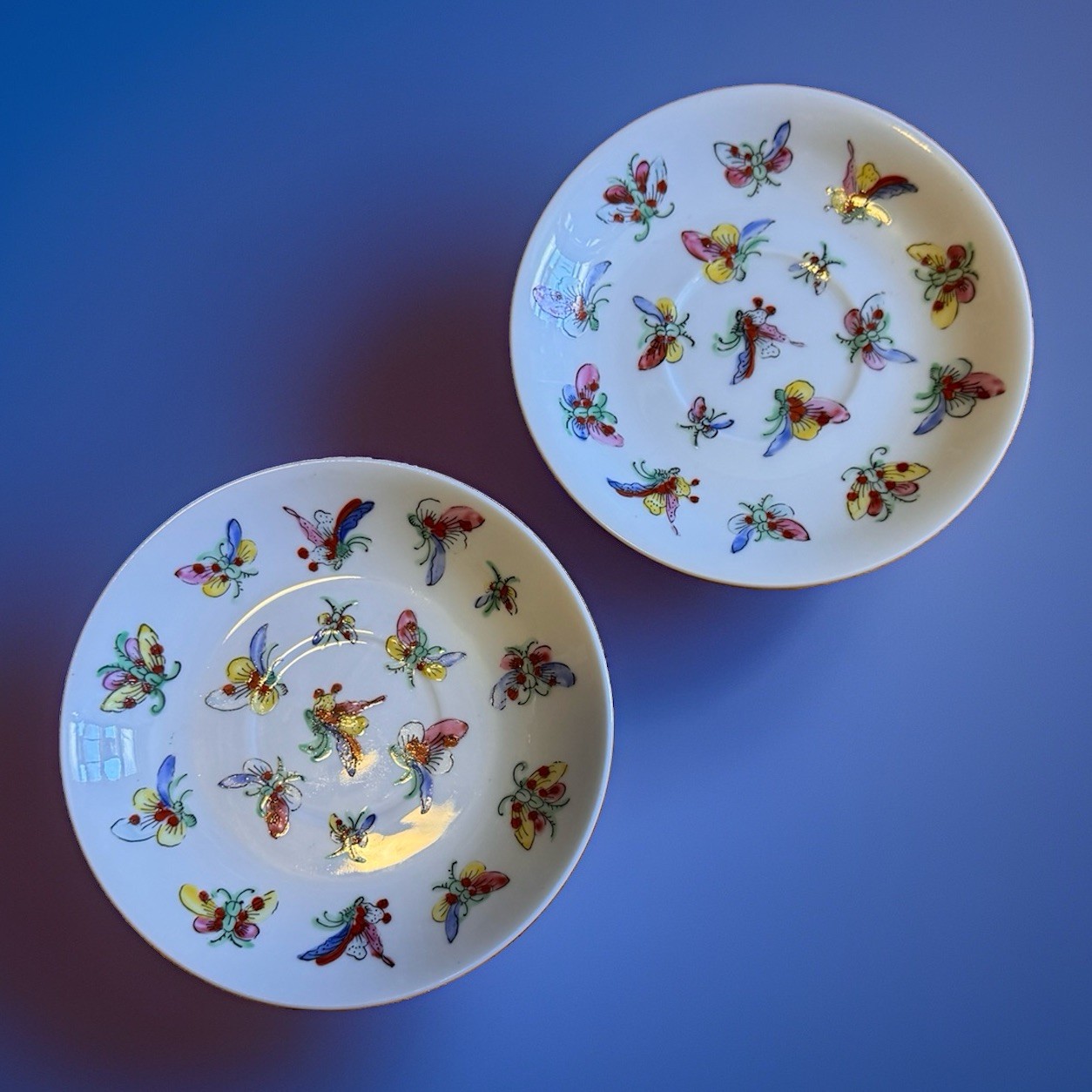 Vintage Hand Painted Porcelain Butterfly Saucers Hong Kong Set Of Two