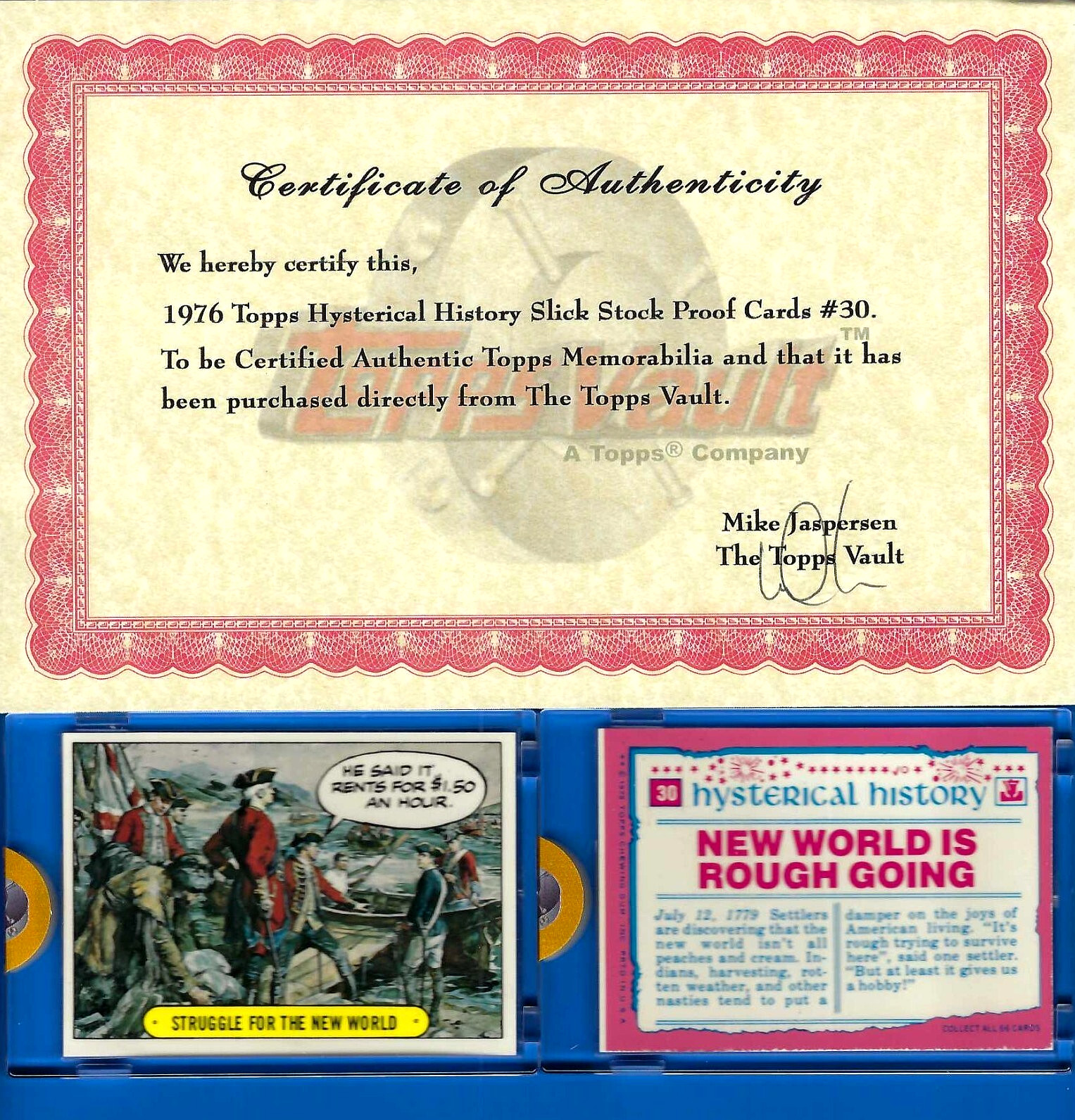 VINTAGE 1976 TOPPS VAULT HYSTERICAL HISTORY PROOF CARDS #30 NEW WORLD... W/COA