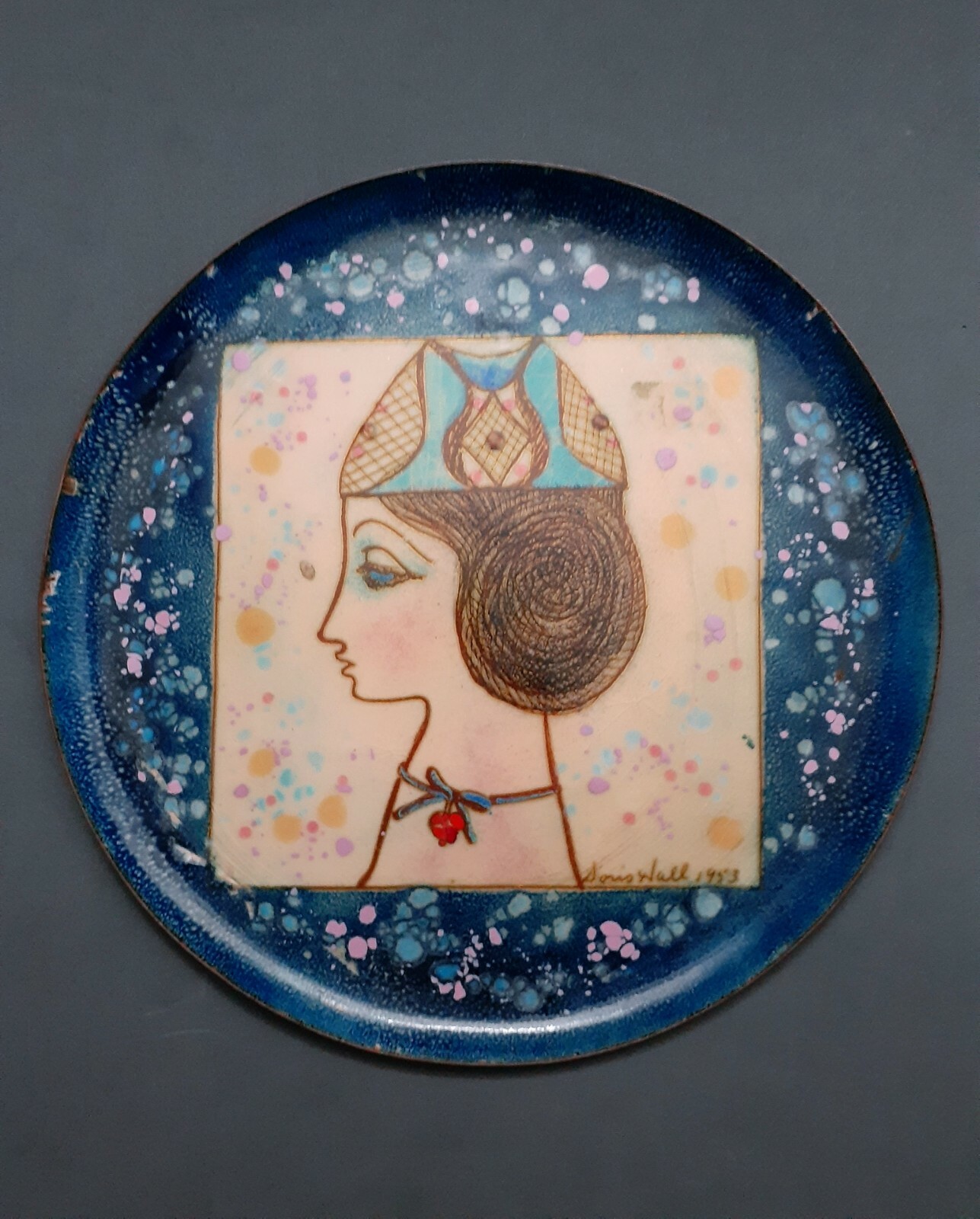 Original Doris Hall enamel on copper Art Deco portrait plate, 8 inches