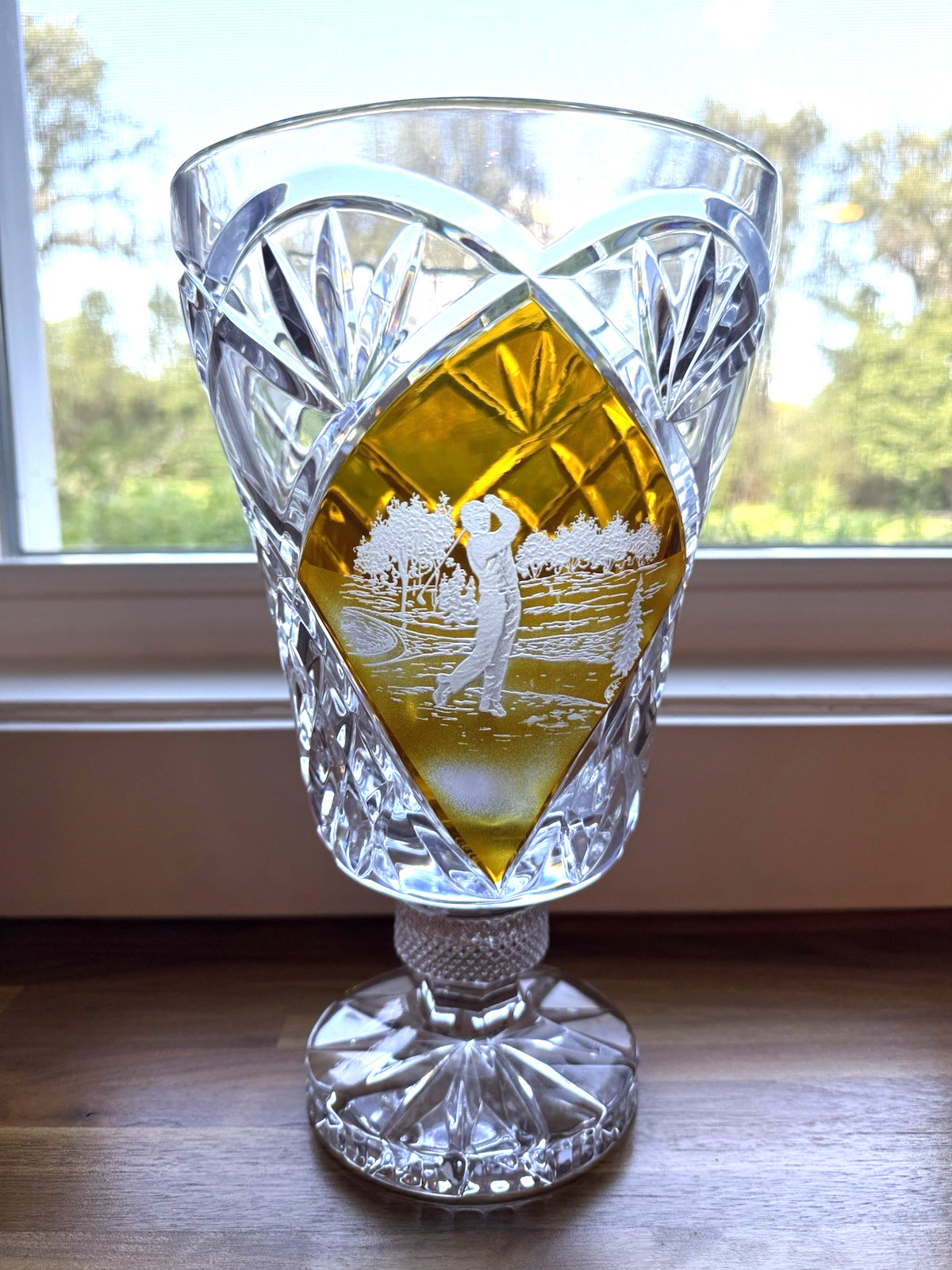 Vintage Julia Crystal Amber Cut-to-Clear 24% Pedestal Vase Golf Design Poland
