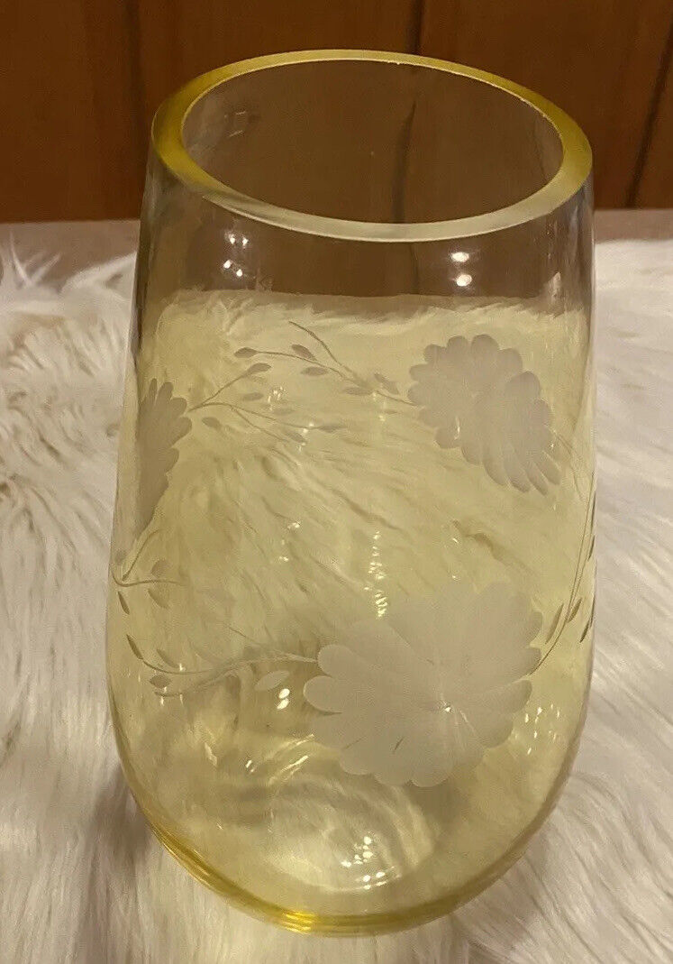 Clear Yellow Etched Glass Vase Floral Pattern