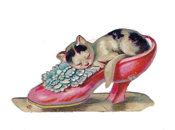 1888 Chromo, Fantasy PINK SATIN MULE KITTEN, Antique Victorian Die-Cut Scrap 2.5