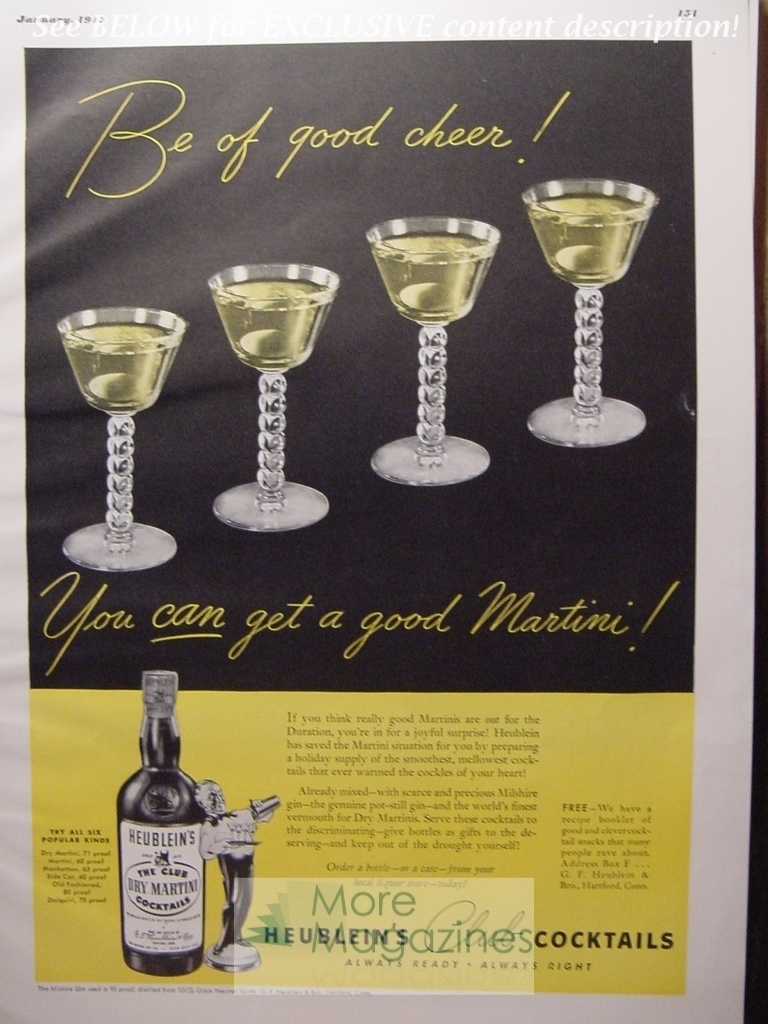 1943 RARE Esquire Advertisement AD HEUBLEIN's Club Cocktails, for DRY MARTINIS.