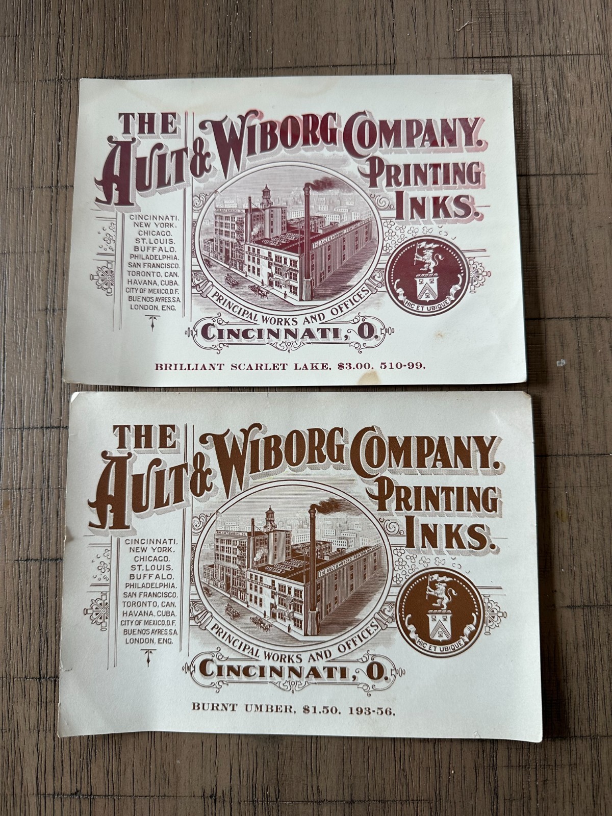 2 Antique c1900 Ault & Wiborg Printing Ink Sample Advertising Trade Cards