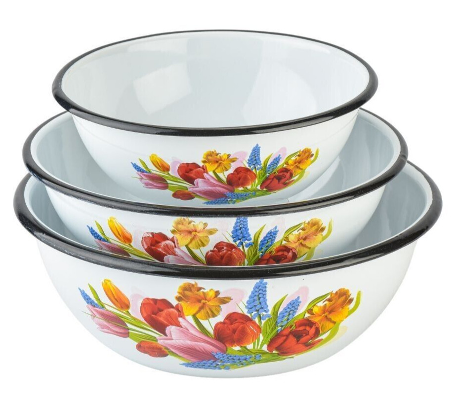 Novomoskovsk Spring Tulip Enamel Bowl Set of 3 Mixing Bowl [1.6qt,2.7qt,4.2qt]