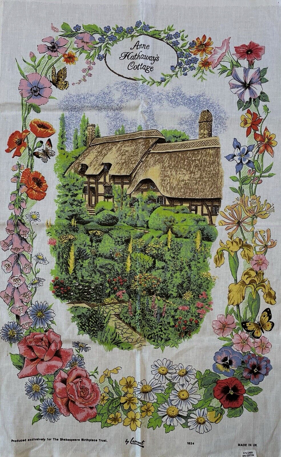 Vintage Tea Towel Anne Hathaway's Cottage By Lamont Size 30 x 19 New