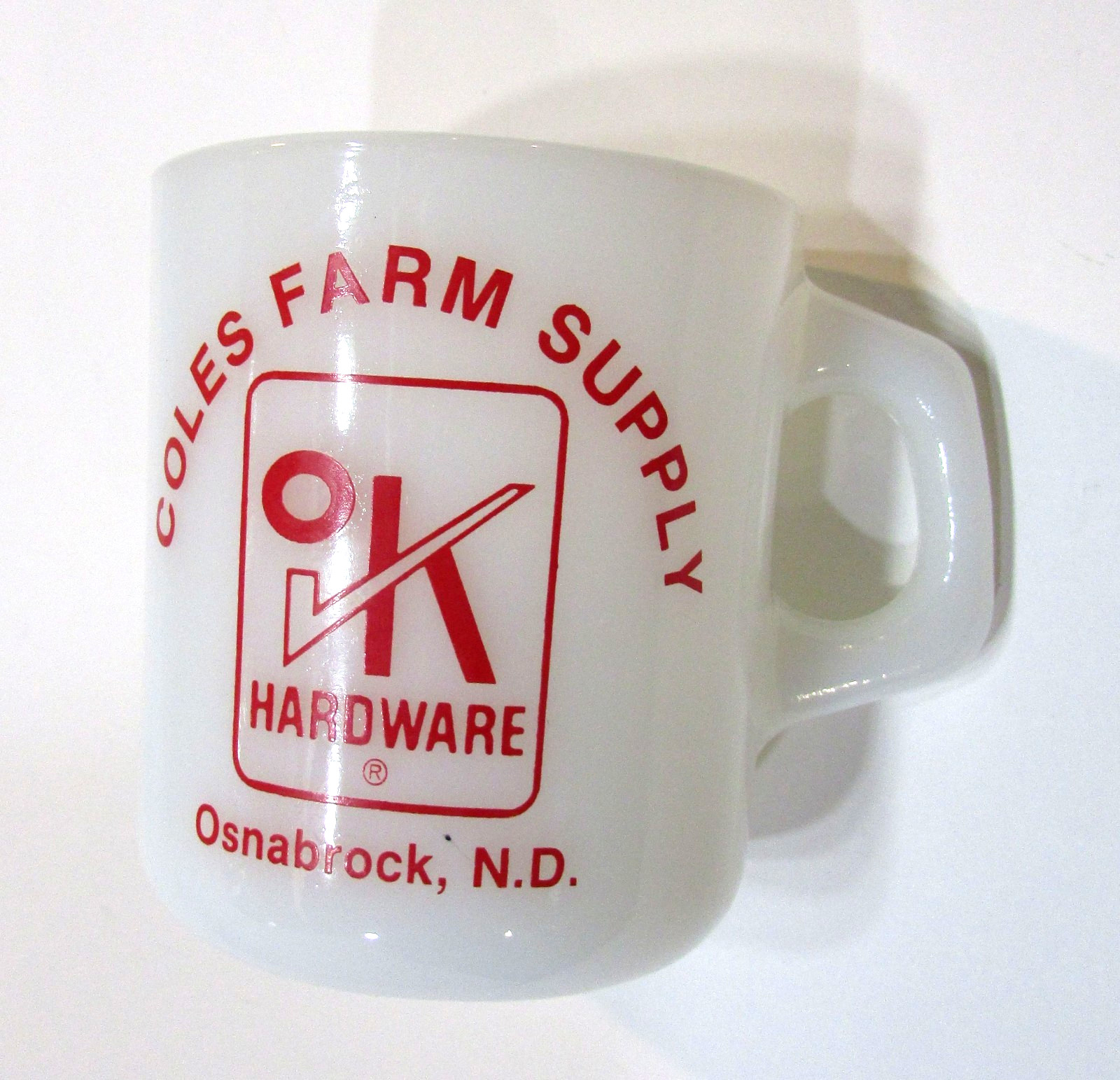 OK Hardware Cole Farm Supply Osnabrock ND USA Galaxy White Milk Glass Coffee Mug